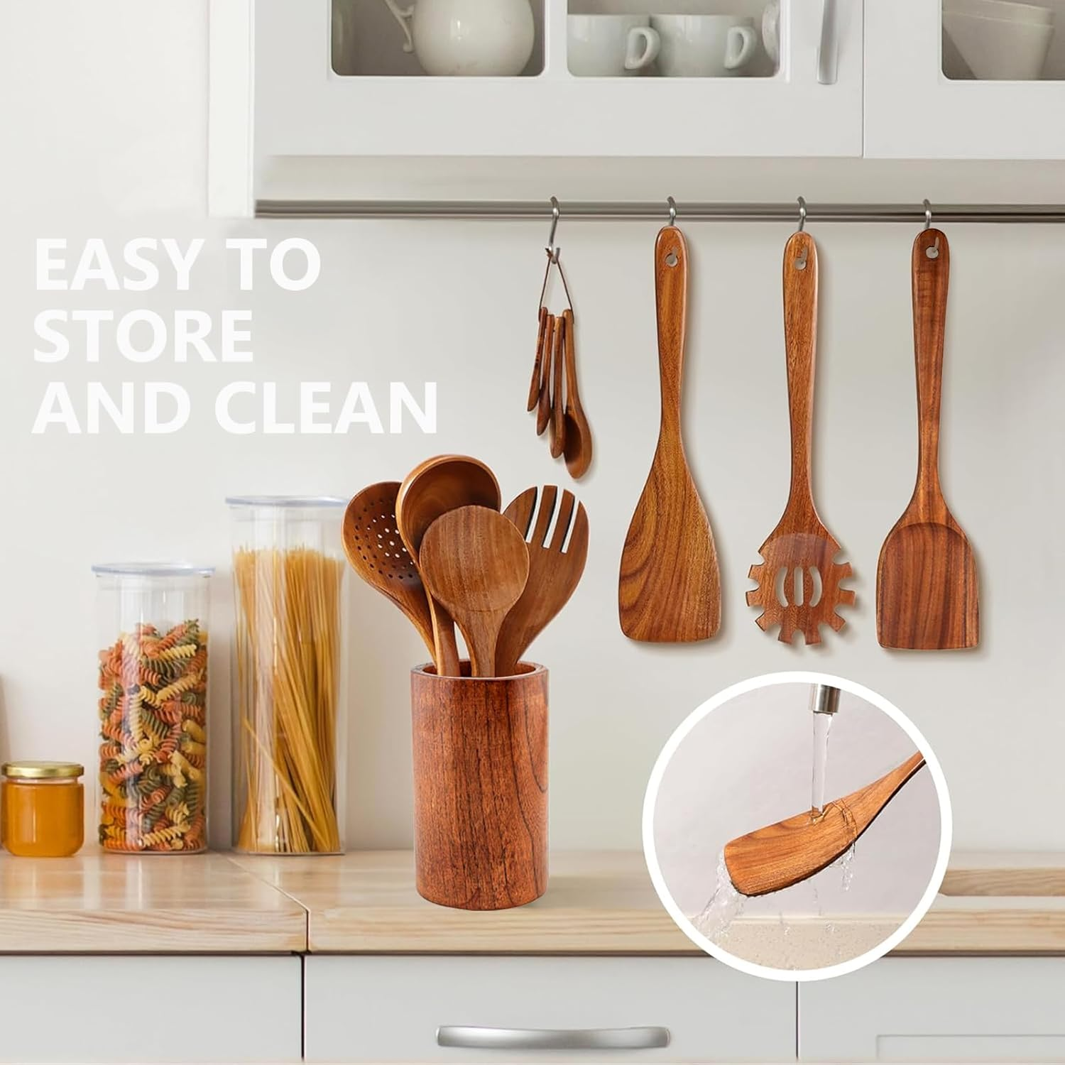 CATZONS 11 Pcs Wooden Cooking Utensils Set - with Holder & Spoon Rest, Smooth Finish Comfort Grip Teak Spatula Set image number 1