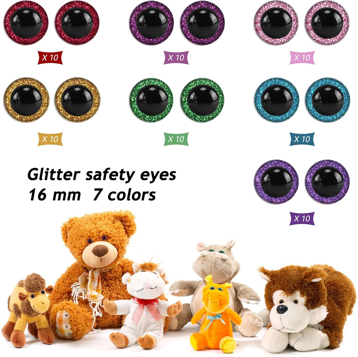 70 Pieces Large Safety Eyes, Sourceton Animal Glitter Plastic Eyes for DIY of Puppet, Bear, Crafts Doll Making Supplies (7 Color, Each 10) image number 4