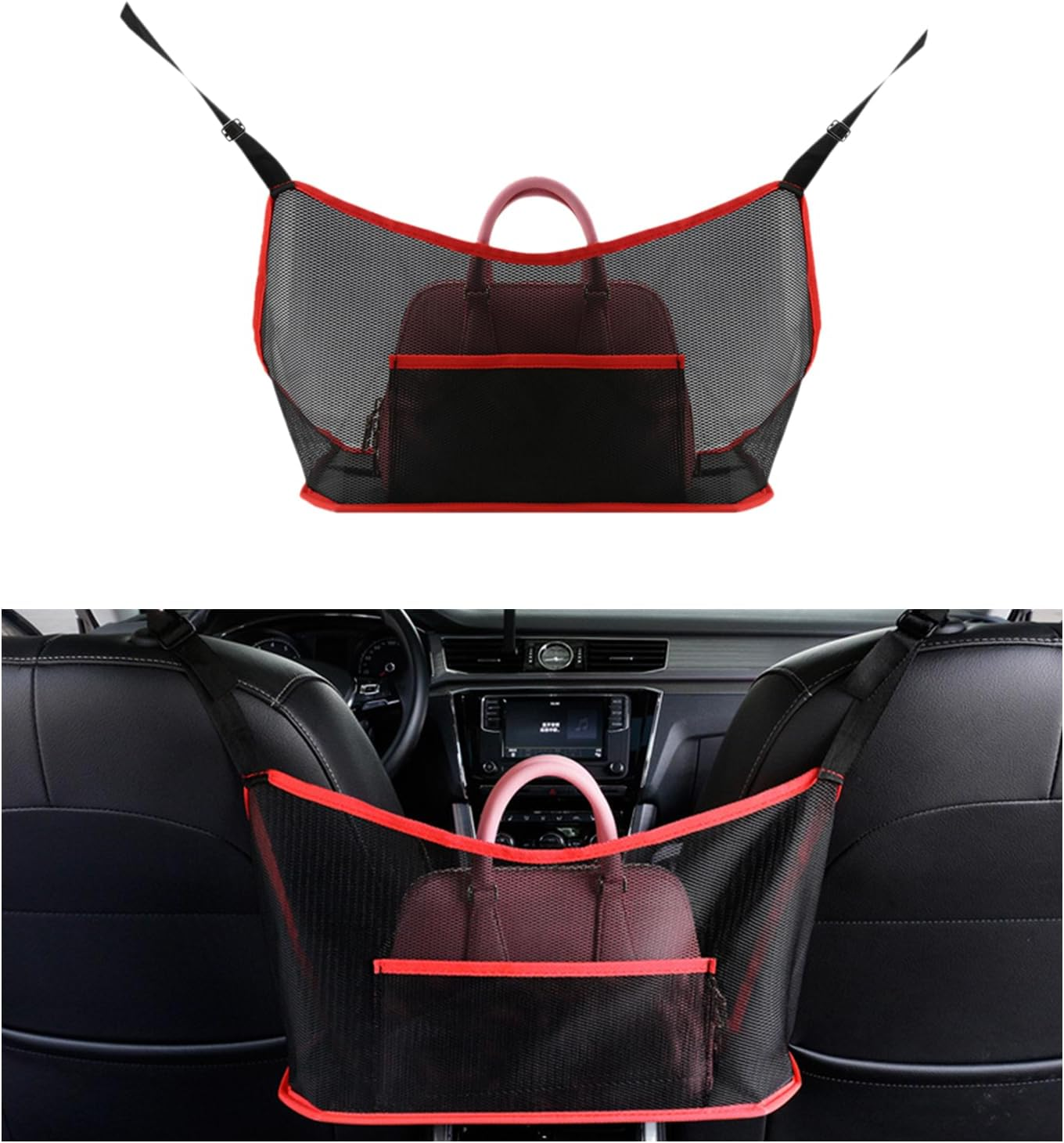 Ziciner Car Net Pocket Handbag Holder, Organizer Mesh Bag between Two Seat, Driver Storage Netting Pouch for Handbag Purse, Barrier of Backseat Pet Kids, Car Accessories for Women Men (Black&Red)