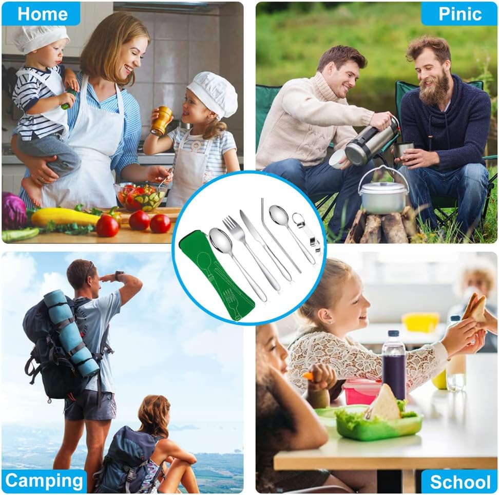 6-Piece Portable Camping Cutlery Set, 304 Stainless Steel Cutlery Sets, Camping Cutlery with Knife, Fork, Spoon, Bottle Opener, Straws Cutlery Bag for Outdoor Travel Picnic Green - Gr&uuml;n image number 4