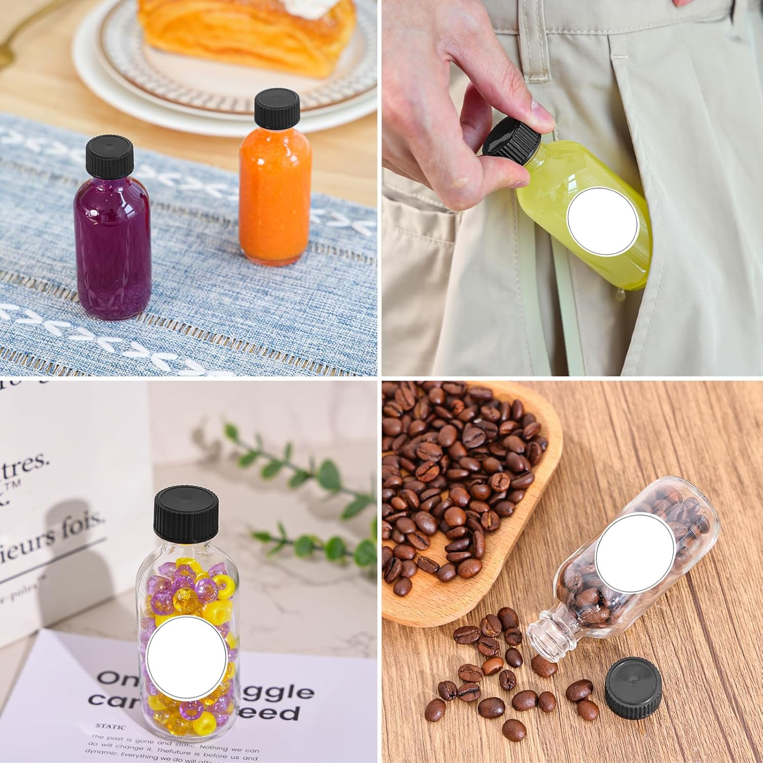 CUCUMI 8Pcs Glass Bottles with Caps, 2Oz Small Glass Juice Bottles, Shot Bottles with Caps, Small Glass Jars with Lids, Funnels, Waterproof Stickers and Brush image number 2