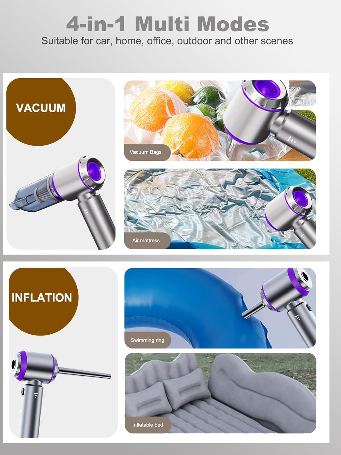 IYOFINE Vacuum/Air Duster 80,000RPM Super Power Mini Car Vacuum Cleaner 4-In-1 Air Blower Gun Air Duster & Air Blower & Pump Hand Electric Air Duster Handheld Dust Blower Blower Cordless (Purple) image number 3