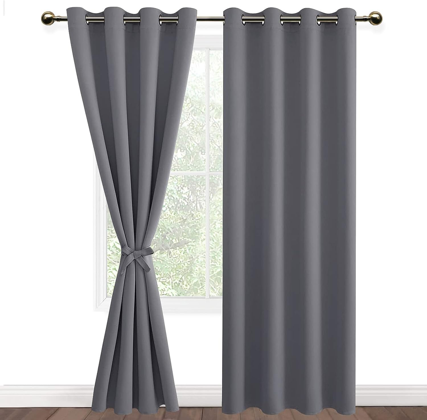 DWCN Grey Blackout Curtains for Bedroom Sewn with Tiebacks - Thermal Insulated Light Blocking Grommet Window Curtains for Living Room, Set of 2 Drape Panels, Each W132 Cm X D214Cm, image number 2