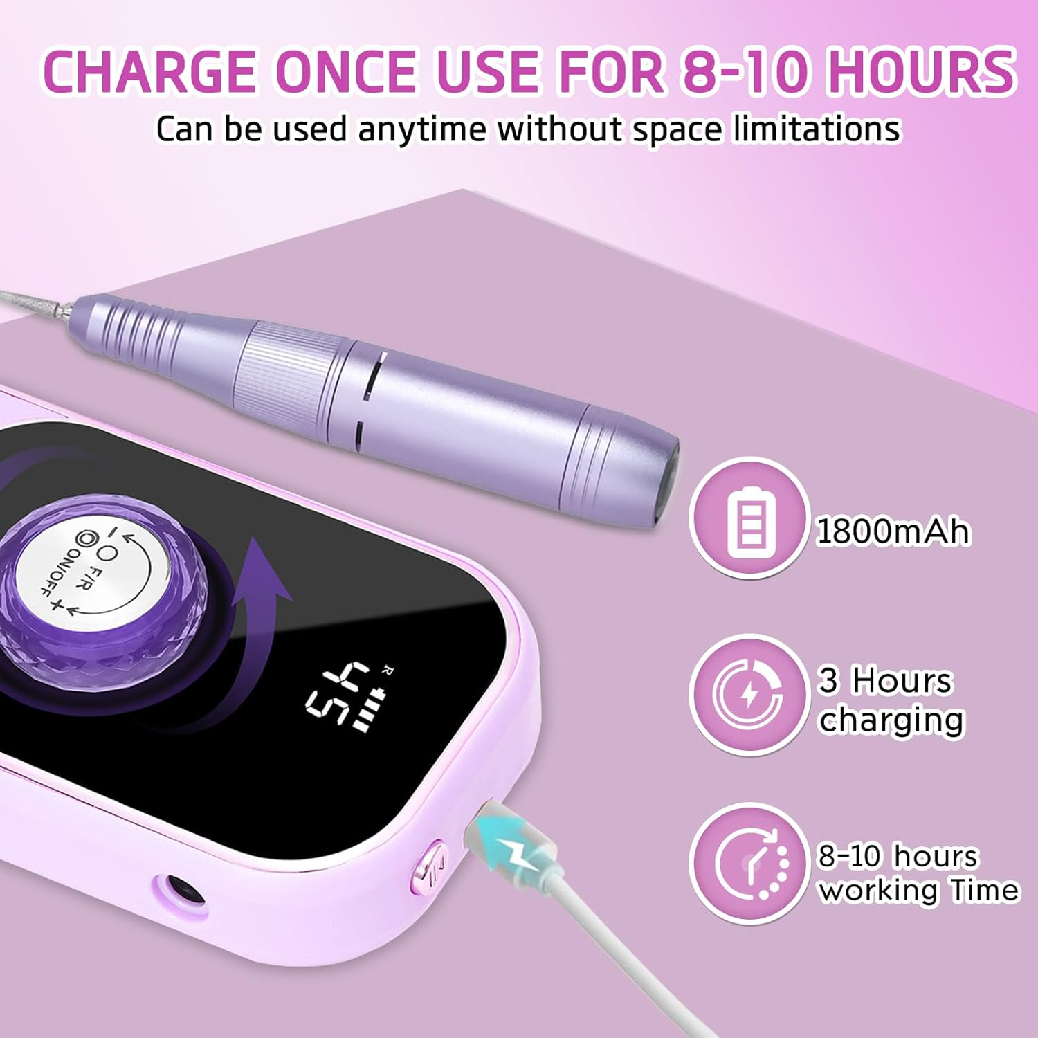 Professional Electric Nail Drill File, 45000RPM Rechargeable Cordless Nail Drill Kit Portable with 7 Bits & Base, HD Display, Low Noise for Shaping, Manicure, for Salon, Home Use (Purple) image number 1