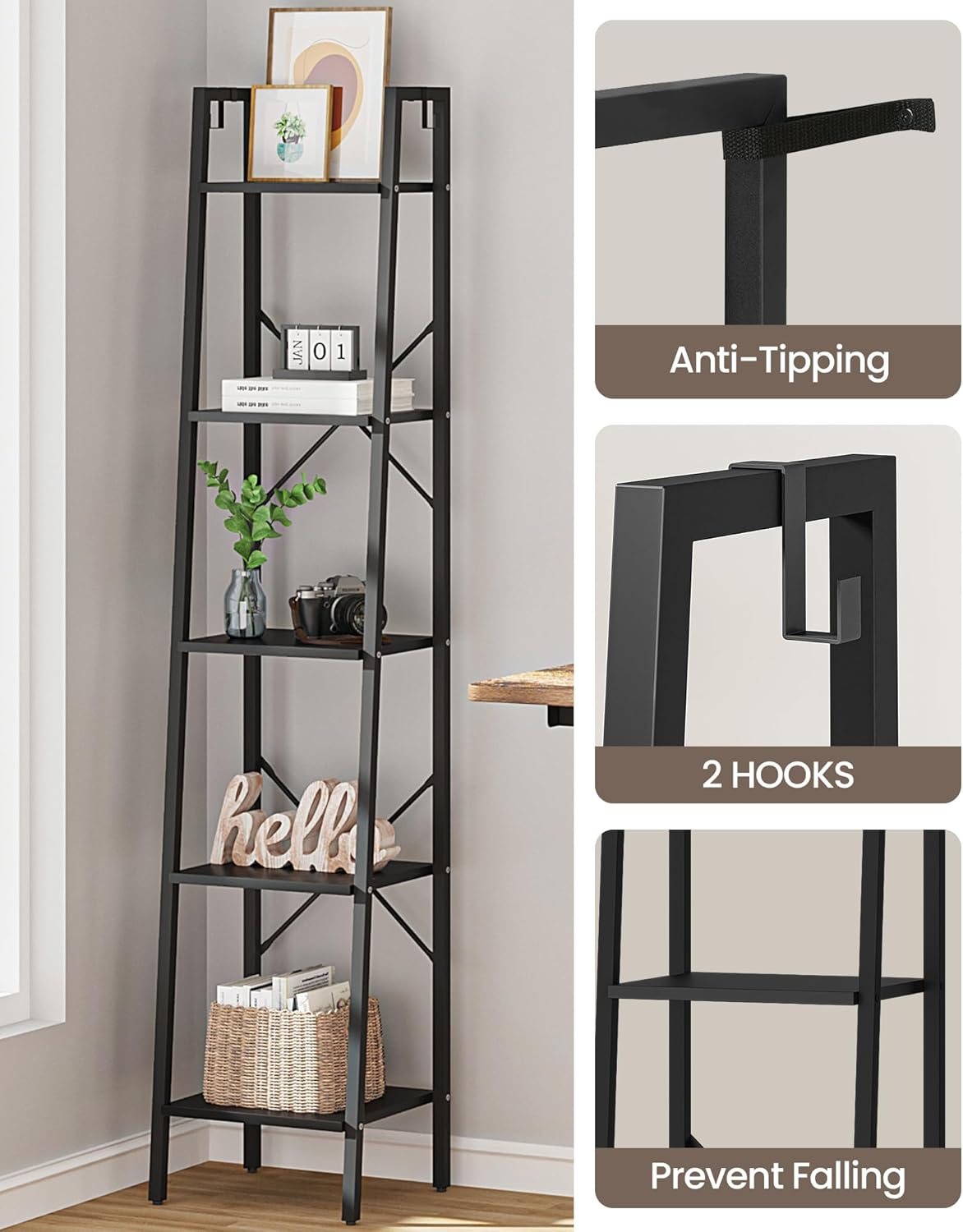 Hzuaneri Ladder Shelf, Bookshelf Bookcase, Freestanding Corner Storage Shelve with 2 Hooks for Home Office, Living Room, Kitchen, Bedroom, Industrial, 5-Tier Black BC03204B image number 2