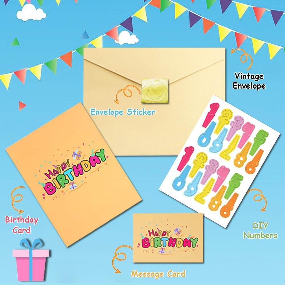 3D Birthday Card Anniversary Pop up Cards DIY 1~100Th Birthday Cards for Kids Men and Women,Happy Birthday Card with DIY Numbers Birthday Candles,Envelope,Message Card&Sticker image number 5