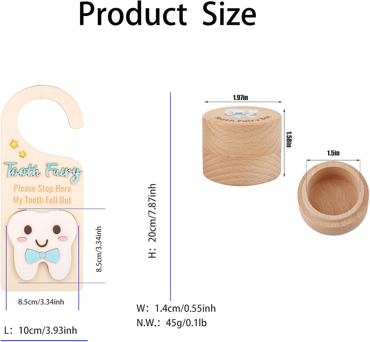 Tooth Fairy Door Hanger - Blue Wooden Tooth Fairy Money Holder Box for Lost Tooth, Cute 3D White Tooth Keepsake Cartoon Image. image number 1