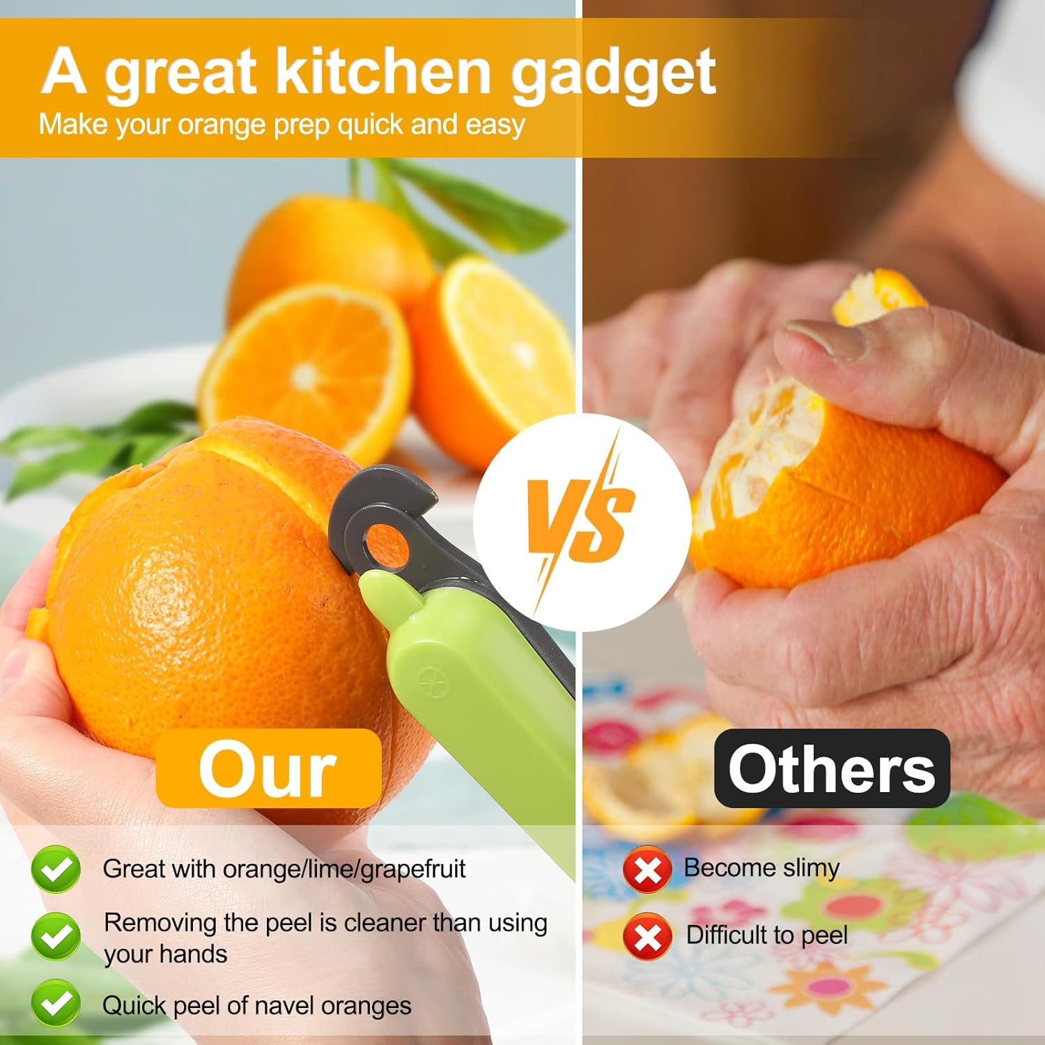 2Pcs 5-In-1 Orange Peeler, Stainless Steel Fruit Peeler Kitchen Gadgets Orange Peeler Grapefruit Pomelo Peeler Tool Citrus Peel Cutter, Easy to Peel for Home Kitchen Use (Green, Yellow) image number 3