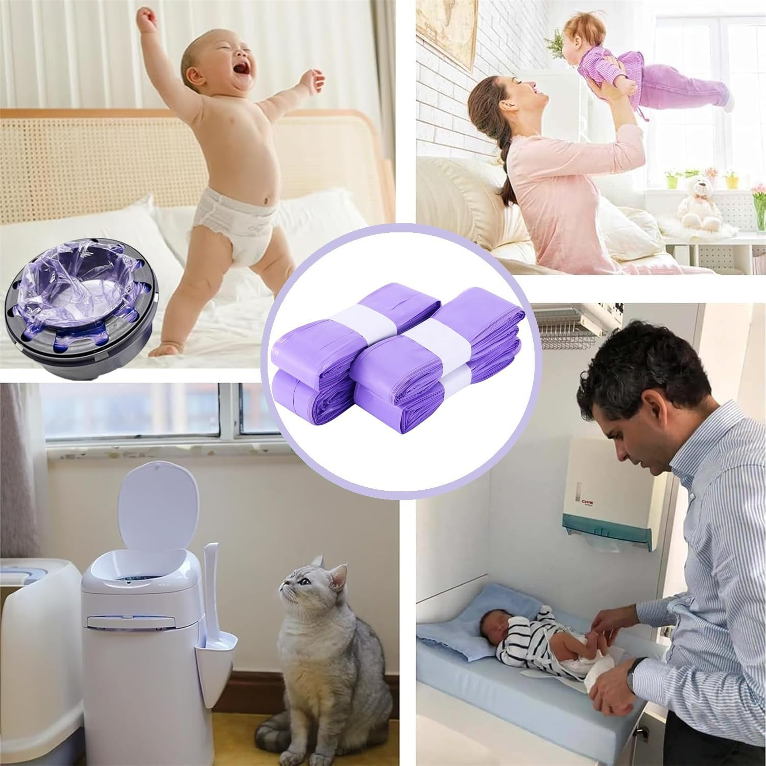 Nappy Bin Refill Bags Diaper Pail Refills Bag Diaper Bin Bags,4.5M Odor Blocking Diaper Pail Liner Cat Litter Refill Garbage Bags (8Pcs-Purple) image number 6
