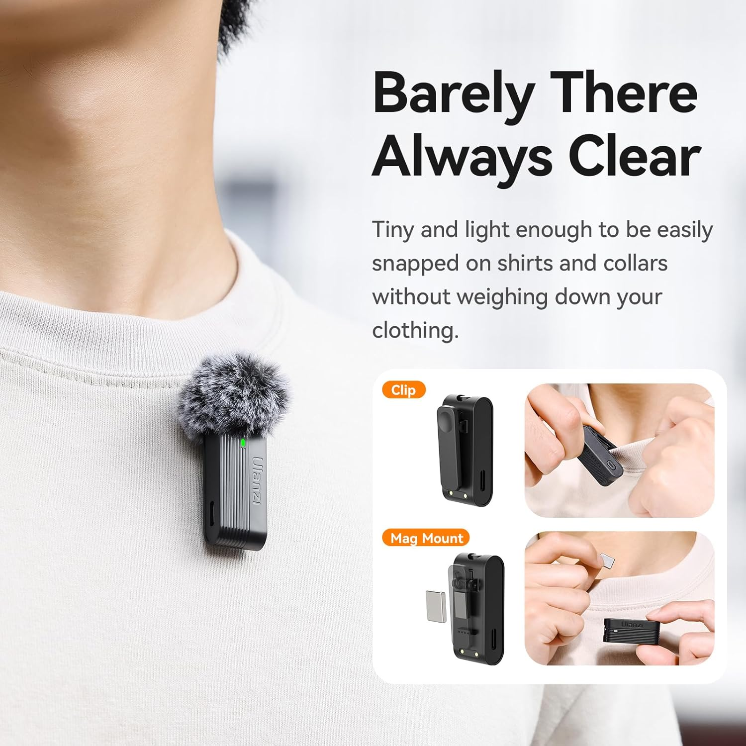 ULANZI A100 Wireless Lavalier Microphone, 360&deg; Pickup Intelligent Noise Canceling Module Compact Lightweight, up to 13.5 Hours Recording Time, Compatible with Android Ios Camera image number 5