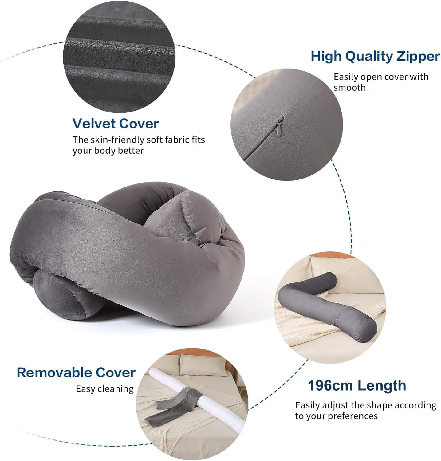 Long Body Pillow for Adults,Full Body Pillow with Velvet Pillowcase,Round Bolster Pillow for Sleeping,Hug Pillow (Grey, 196&times;15 Cm) image number 2