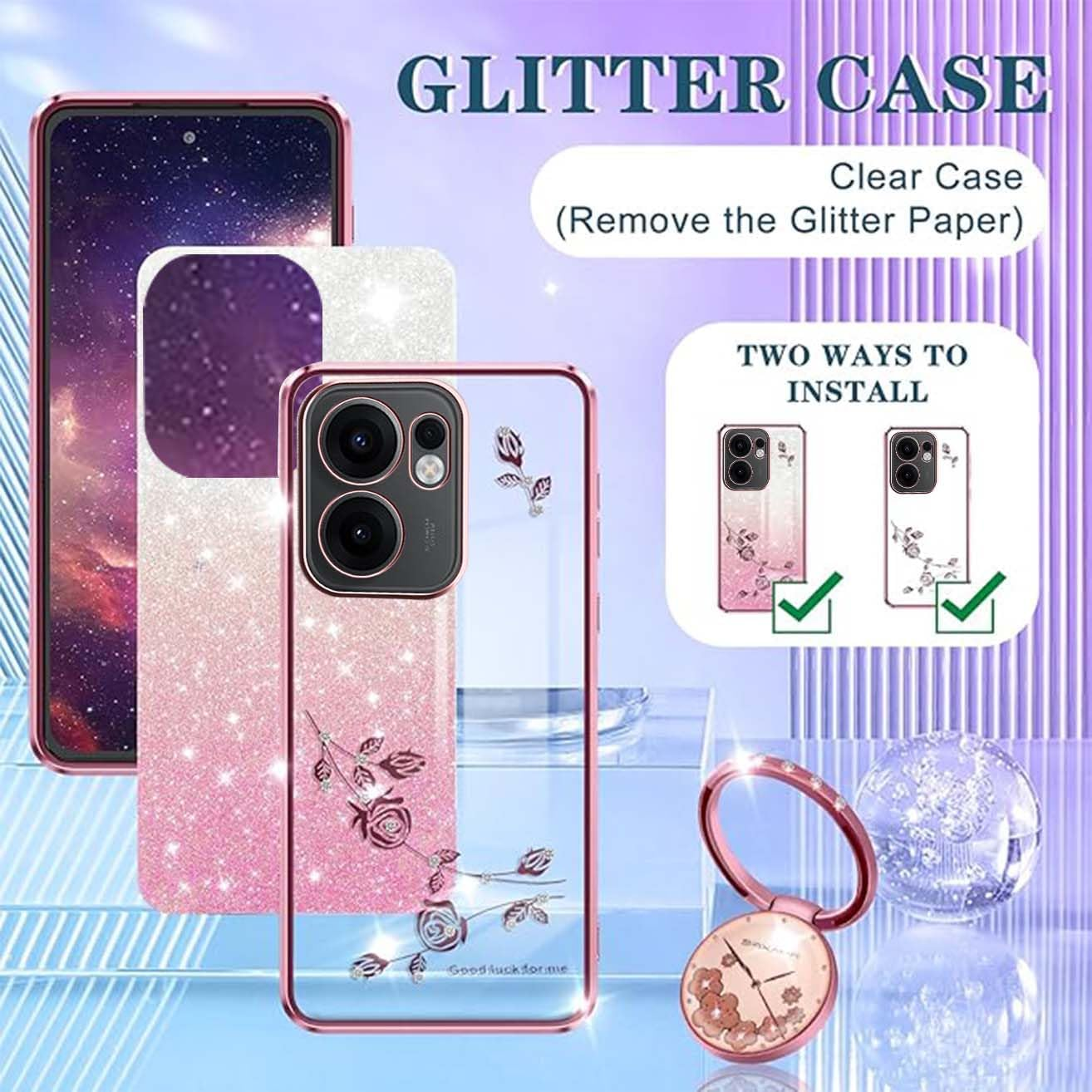 YUEQIAN Glitter Case for Oppo Reno13 F 5G/Reno 13F 4G/Reno13 FS, Ultra Thin Transparent Soft TPU Silicone Shockproof Mobile Phone Case, Shiny Diamond Flowers Ring Stand Women Protective Case Pink
