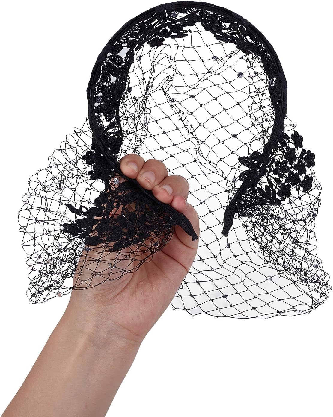 NICENEEDED Lace Headband with Mesh Veil for Women Elegant Headpiece for Weddings Black Vintage Hair Accessory with Rhinestones image number 3