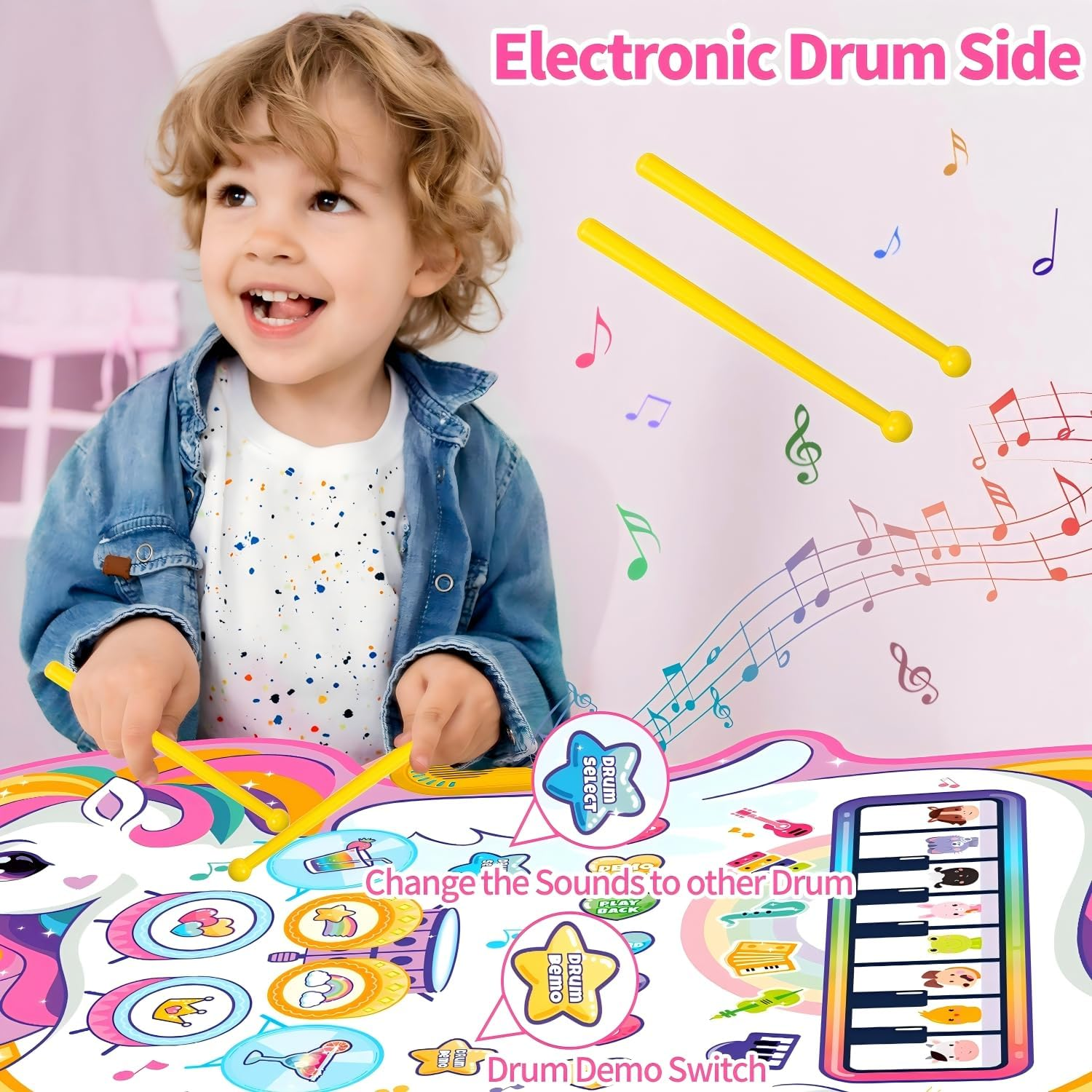 Musical Toys, Kids Musical Instruments - Piano Keyboard & Drum Mat, Piano Mat for Kids Music Sensory Toys, Early Educational Learning Musical Toy, Christmas Birthday Gift Unicorn XL image number 2