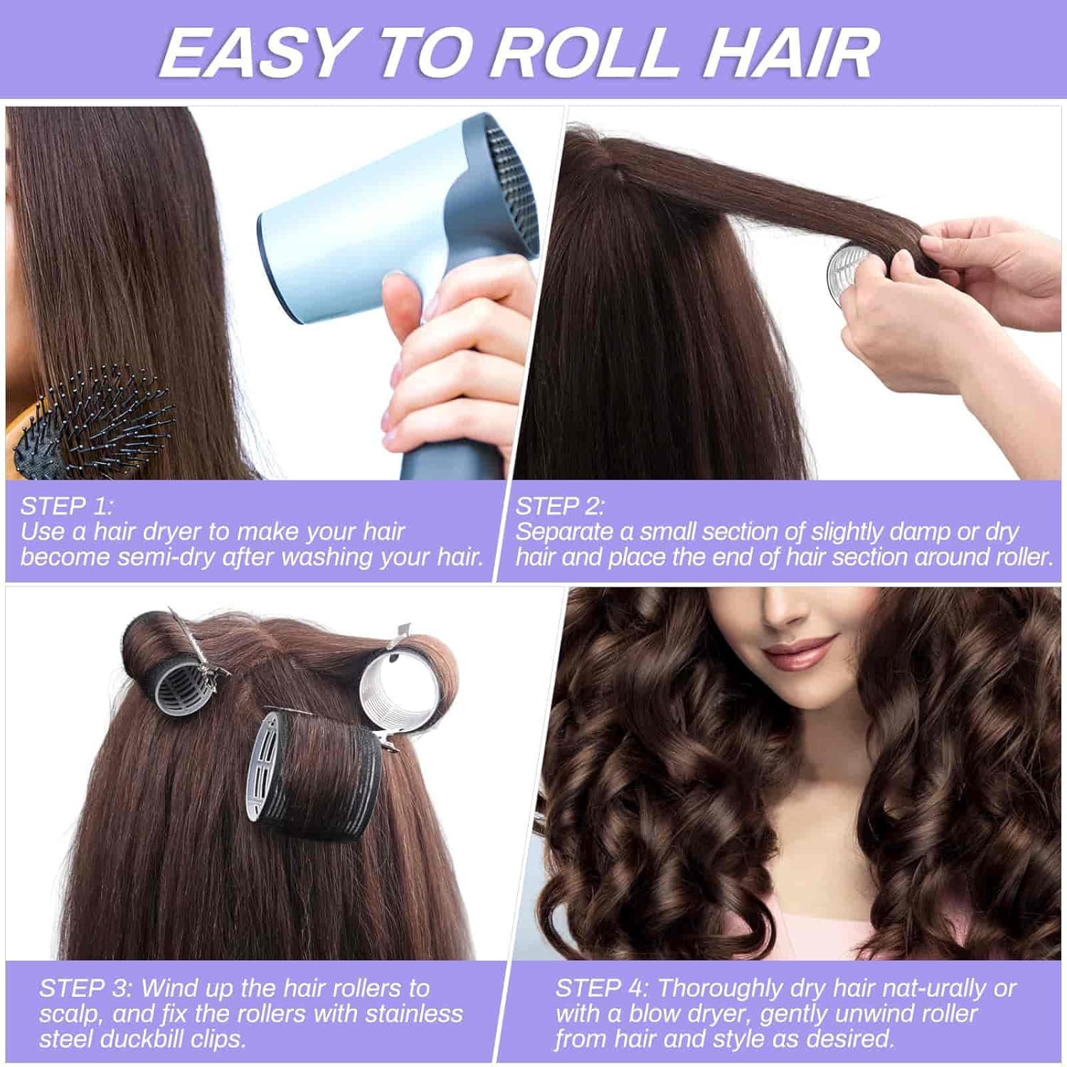 Self Grip Hair Rollers and Curlers Set - 24 Pieces with 3 Sizes (4 Jumbo, 4 Large, 4 Medium) and 12 Clips for Long, Short, Thick, Fine Hair Styling image number 4