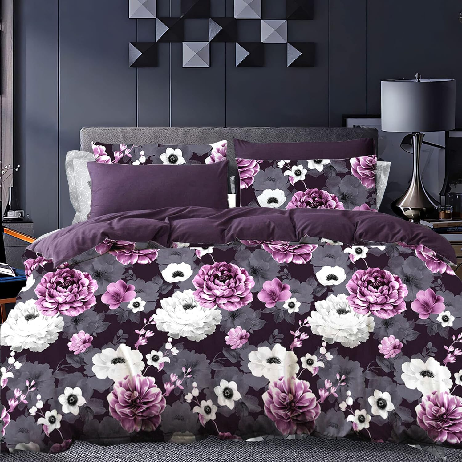 Luxton Antonella Garden Floral Plum Quilt Cover Queen Botanical 3Pcs Grey Purple Quilt Cover Set (Queen Size)