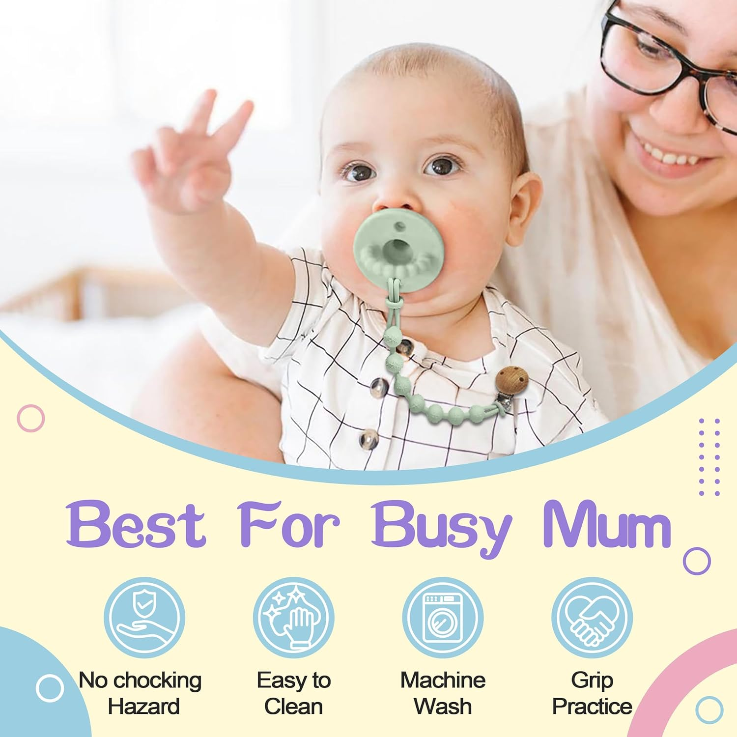 Silicone Dummy Clips - 2 Pcs Dummy Clip Boys Girls - Pacifier Clips and Dummy Holder - Soother Chains - One-Piece Design (Cream Whtite+Purple) image number 4