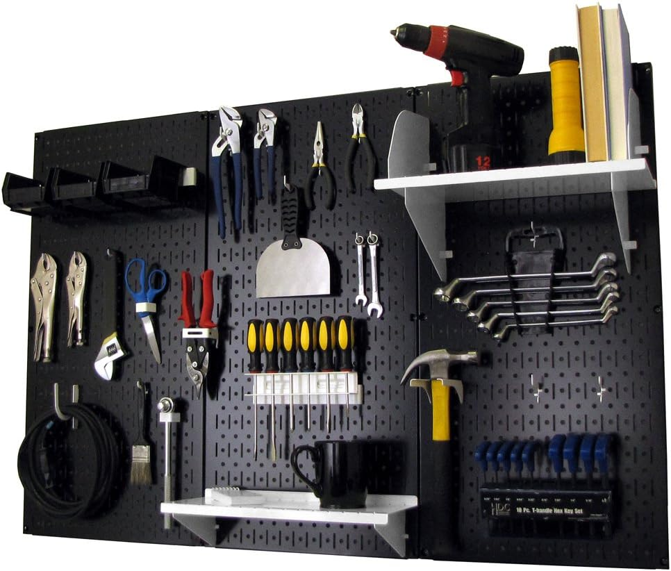 Wall Control 30-WRK-400 YB Pegboard Organizer 4' Metal Standard Tool Storage Kit with Yellow Tool Board and Black Accessories