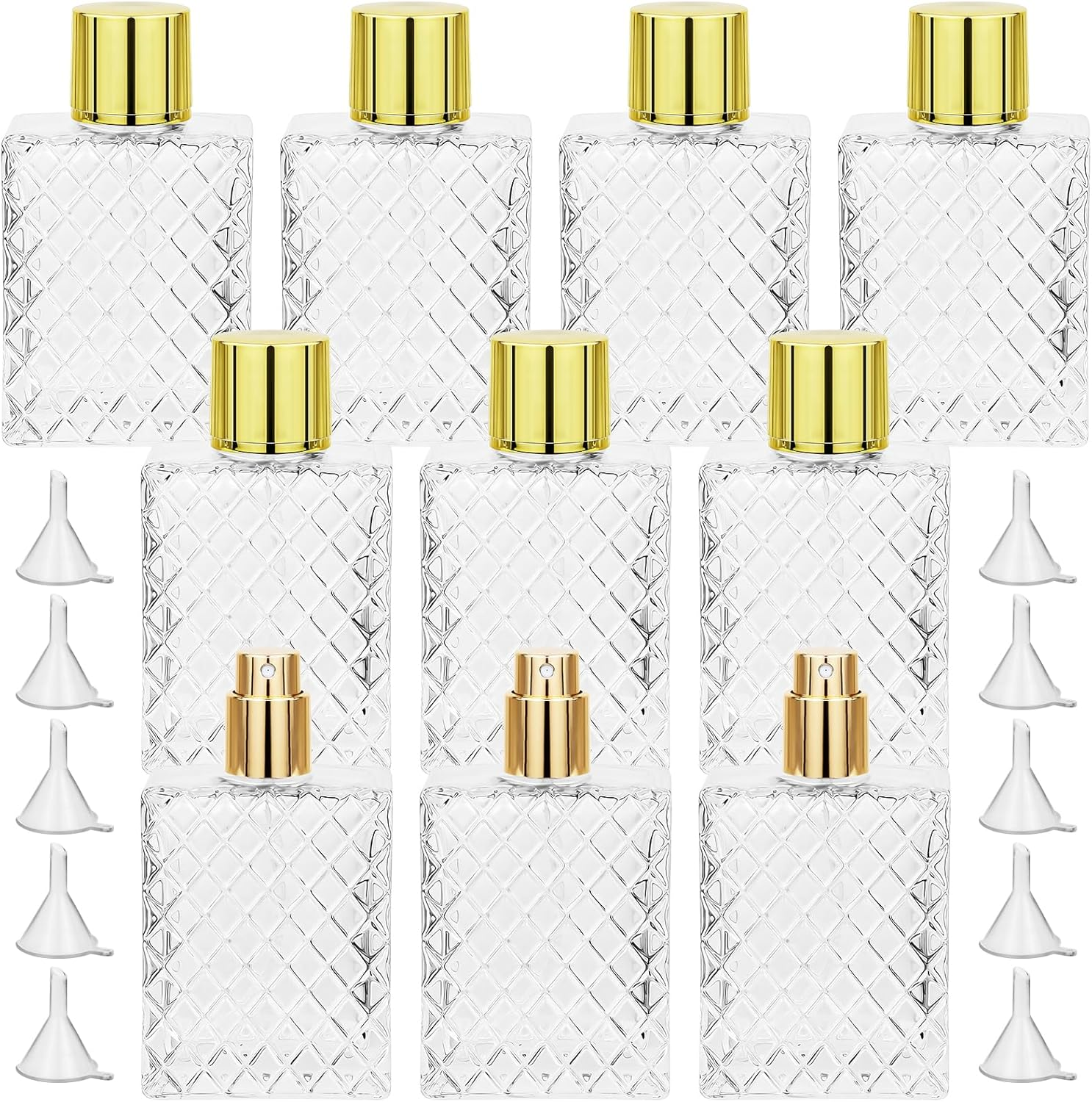 Malloom 10 Pack Refillable Glass Perfume Bottles, 100Ml/3.4 Oz Empty Perfume Bottles Clear Glass Fine Mist Atomizer Spray Bottle with 10 Funnel for Essential Oils Travel and DIY Fragrance
