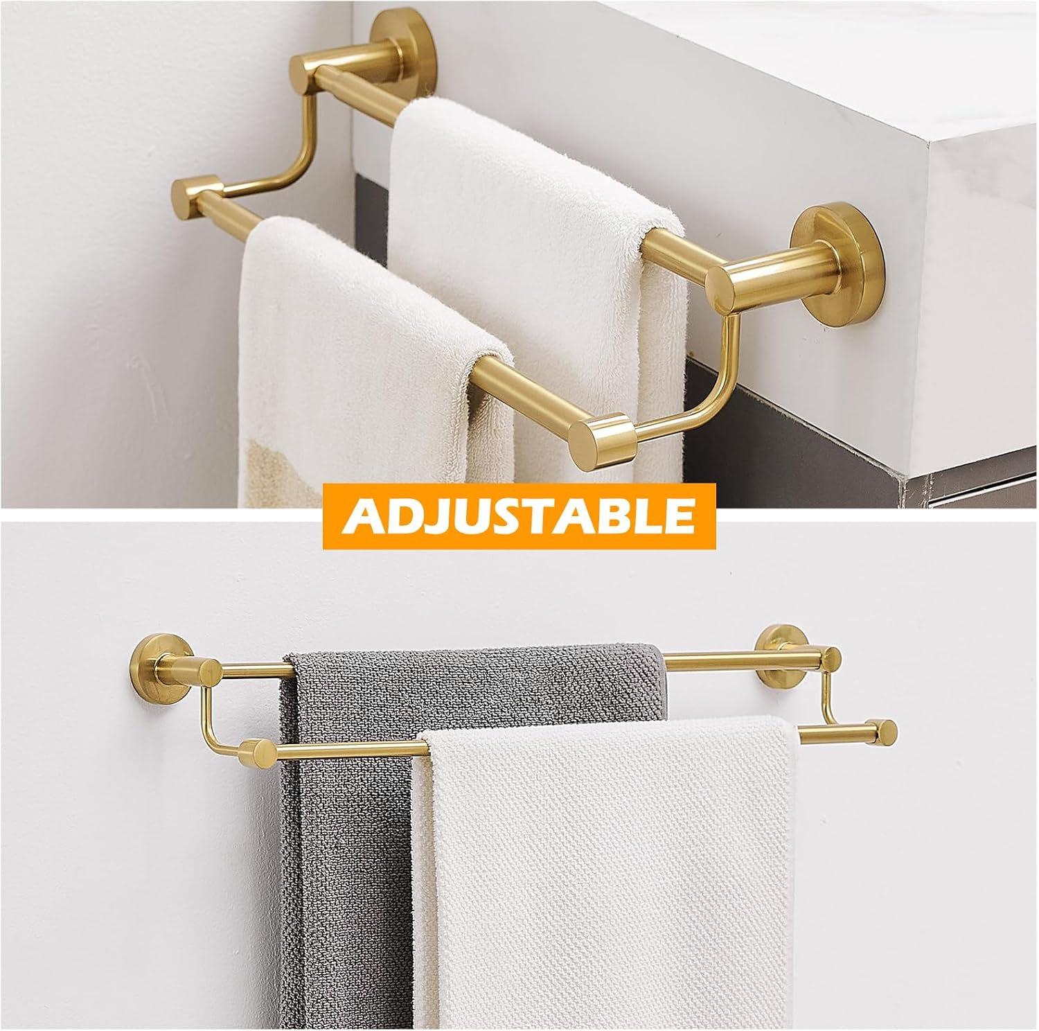 Besy Adjustable 16-26 Inches Double Bath Towel Bar for Bathroom SUS304 Stainless Steel Towel Holder, Hotel Style Wall Mount with Screws Hand Towel Bar，Towel Rack Rod Hanger, Brushed Gold Finish image number 5