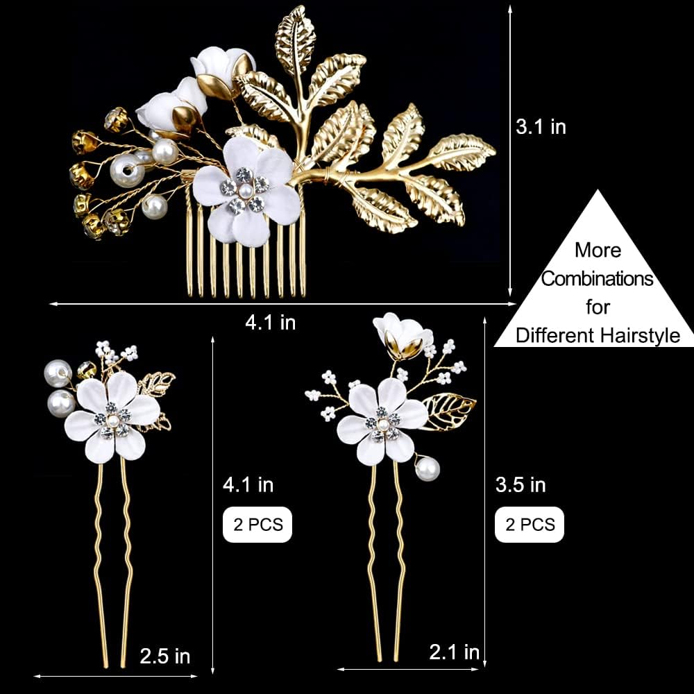 5 Pieces Bridal Flower Wedding Hair Pins Crystal Pearl Hair Pins Clips Headpiece Gold Wedding Hair Accessories Jewelry with Rhinestone for Brides Bridesmaids Women Girls Updo(Pure White Flower) - Exquisite Flower Leavesspecial Cream Blue image number 4