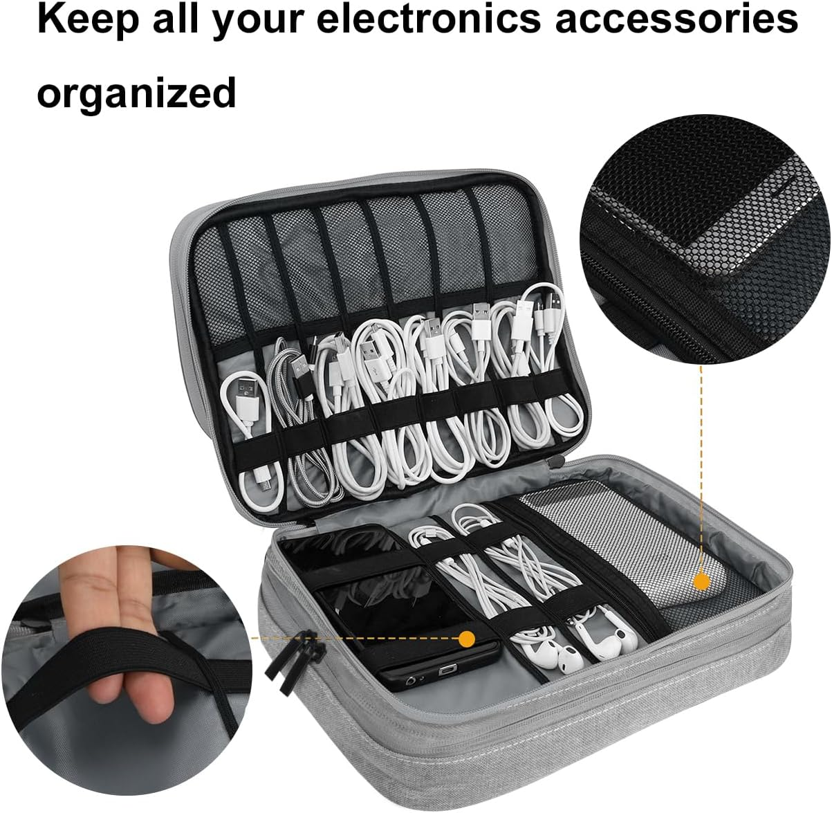 Gocokia plus Large Capacity Electronic Accessories Organizer, Storage Handbag with Front Pocket Travel Cable Organizer Gadget Bag Carry Pouch for Ipad 11,Hard Drives, Power, Charger -Grey, Grey, L, image number 1