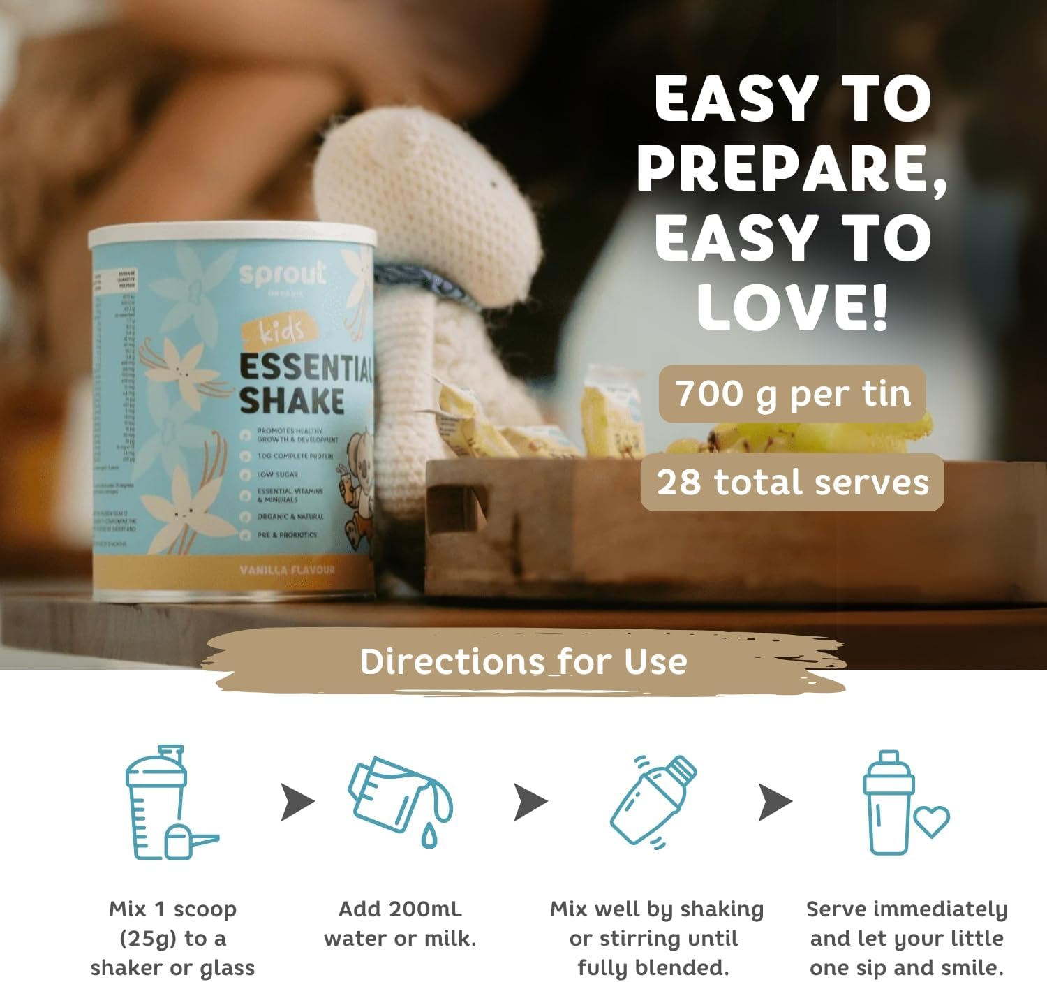 Sprout Organic Essential Shake, Toddler Nutrition Drink, Plant-Based Baby Formula for 12 Months and Above, Enriched with Iron, Vitamin D & B12, and DHA, Dairy-Free, Soy-Free, 700G, Vanilla image number 5