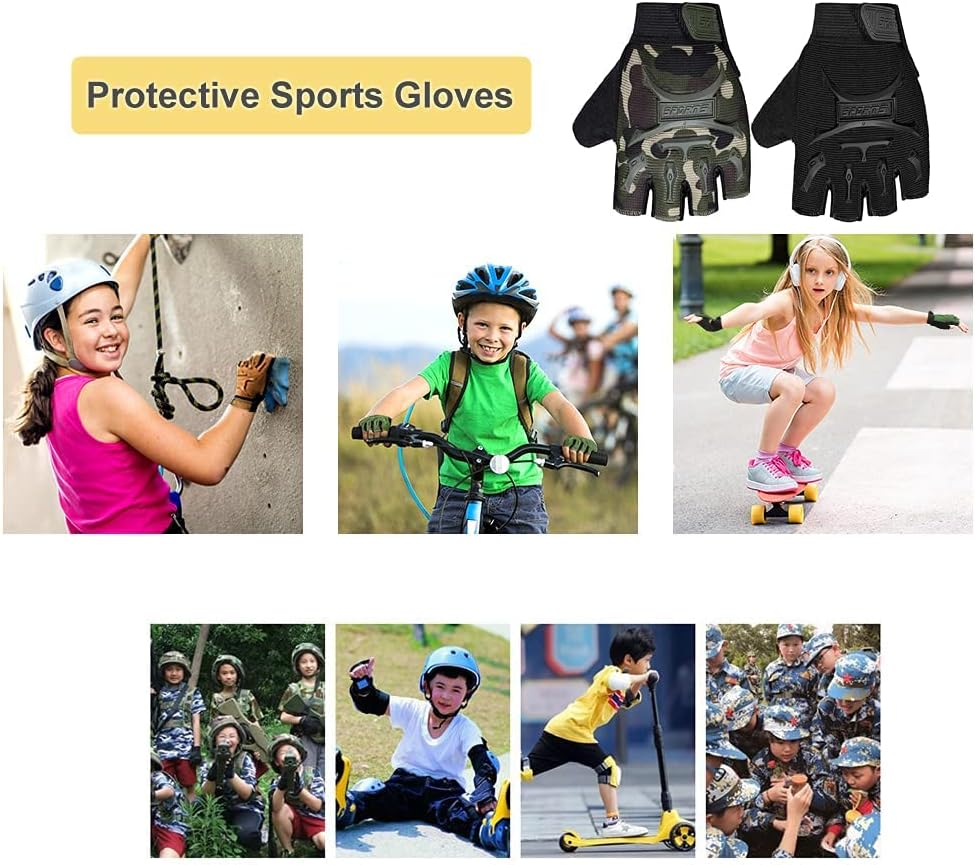Kids Road Bike Gloves Half Finger MTB Cycling Gloves Roller Skating Mitten Breathable anti Slip Shock Absorbing Workout Gloves Short Sports Gloves Fingerless Riding Fishing Golf Gloves for Boys Girls