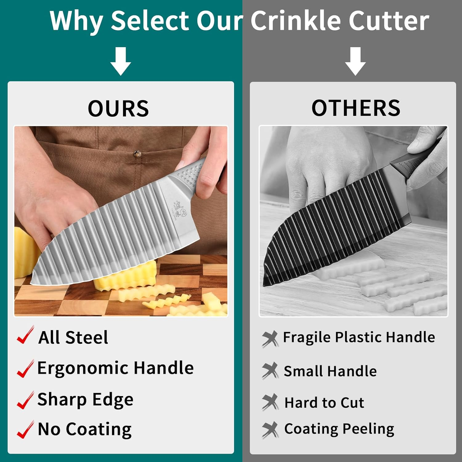 Crinkle Cutter for Veggies Wavy Knife: French Fries Potato Slicer and Peeler Stainless Steel Blade Pickle Chopper for Kitchen