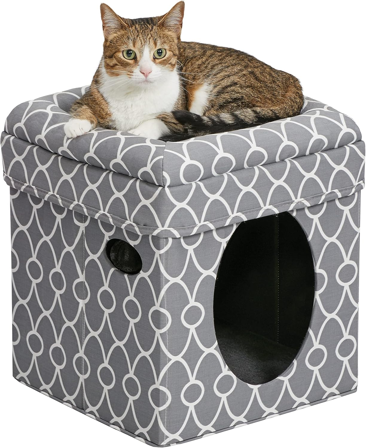Cat Cube Cozy Cat House/Cat Condo in Fashionable Gray Geo Print 15.5L X 15.5W X 16.5H Inches