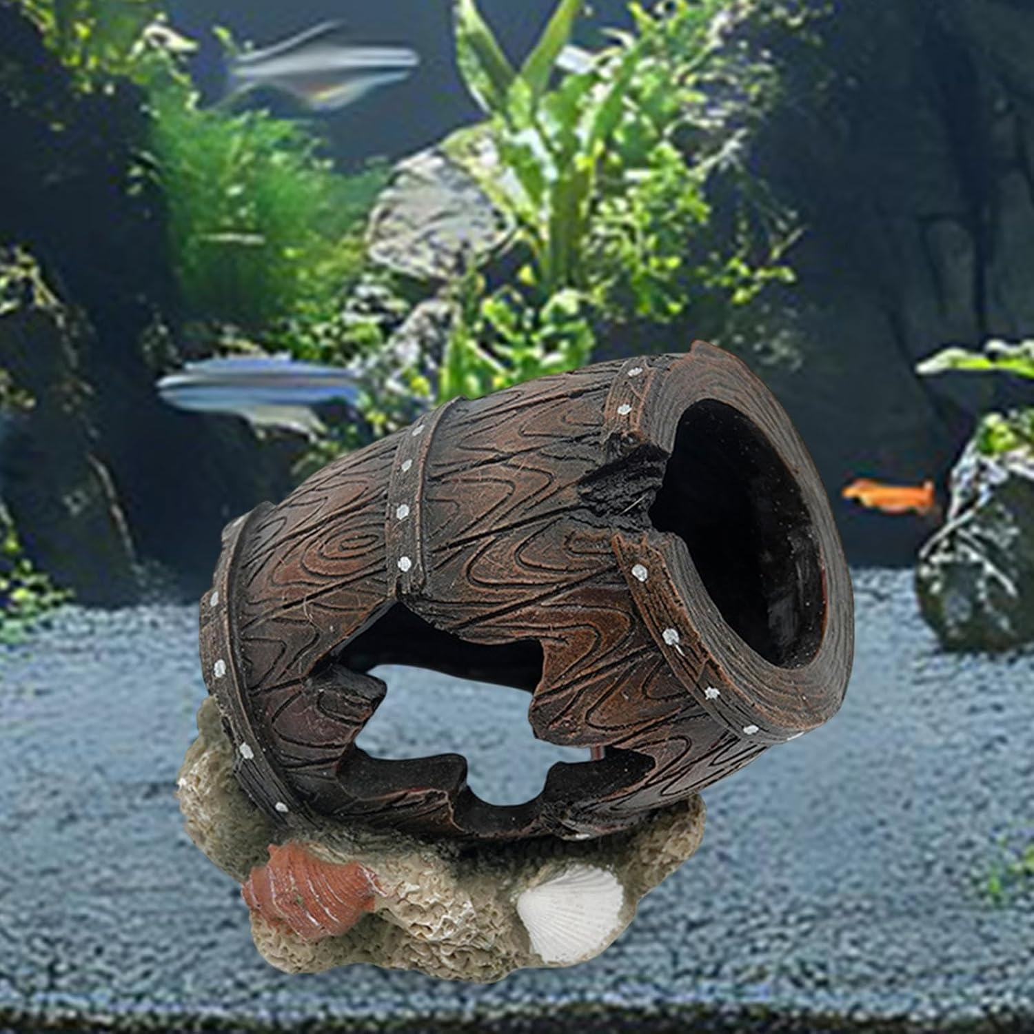 STARTIST Aquarium Decorations Fish Broken Barrel Decor Hiding Place Craft Aquarium Hideaway Barrel Rock Cave House Fish Tank Ornament image number 2