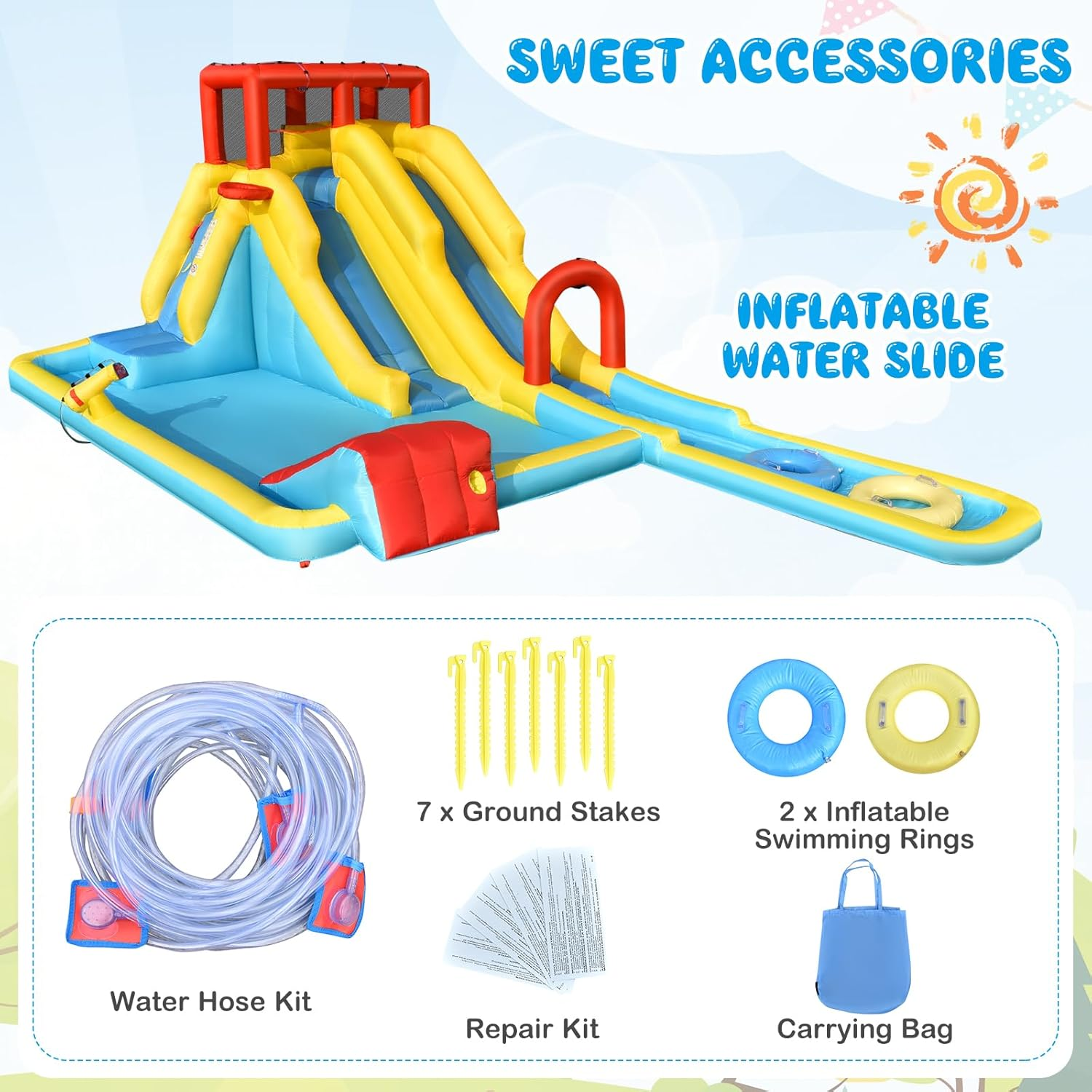 HONEY JOY Inflatable Water Slide, Outdoor Jumping Castle Splash Park with Sprinklers, Water Gun, Climbing Wall, Extra Long Slide & 2 Swimming Rings, Blow-Up Water Park for Yard (Without Blower) image number 2