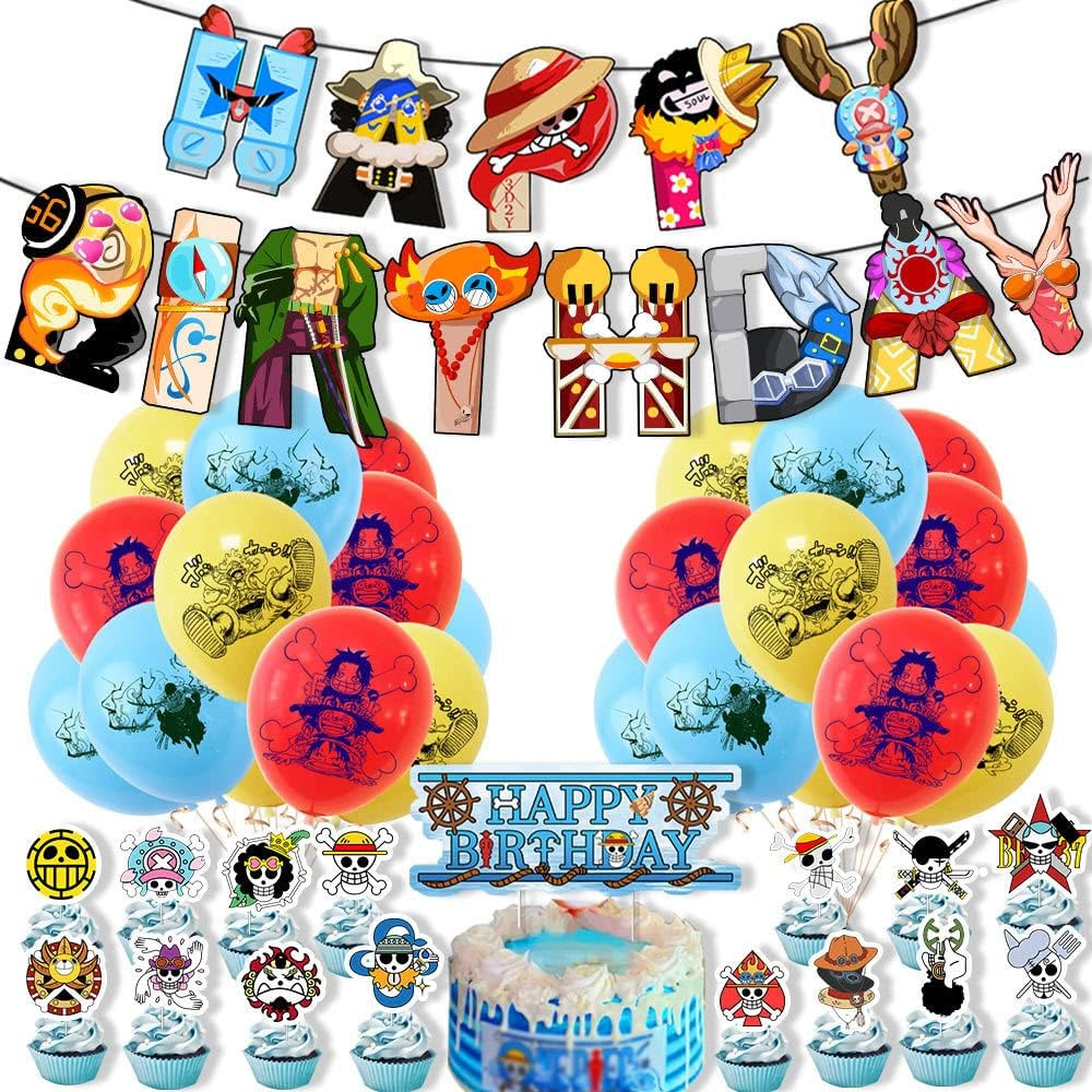 Birthday Party Supplies for One Piece, Cartoon Piece Theme Party Decorations Includes Birthday Banner, Cake Topper, Cupcake Toppers, Balloons image number 4