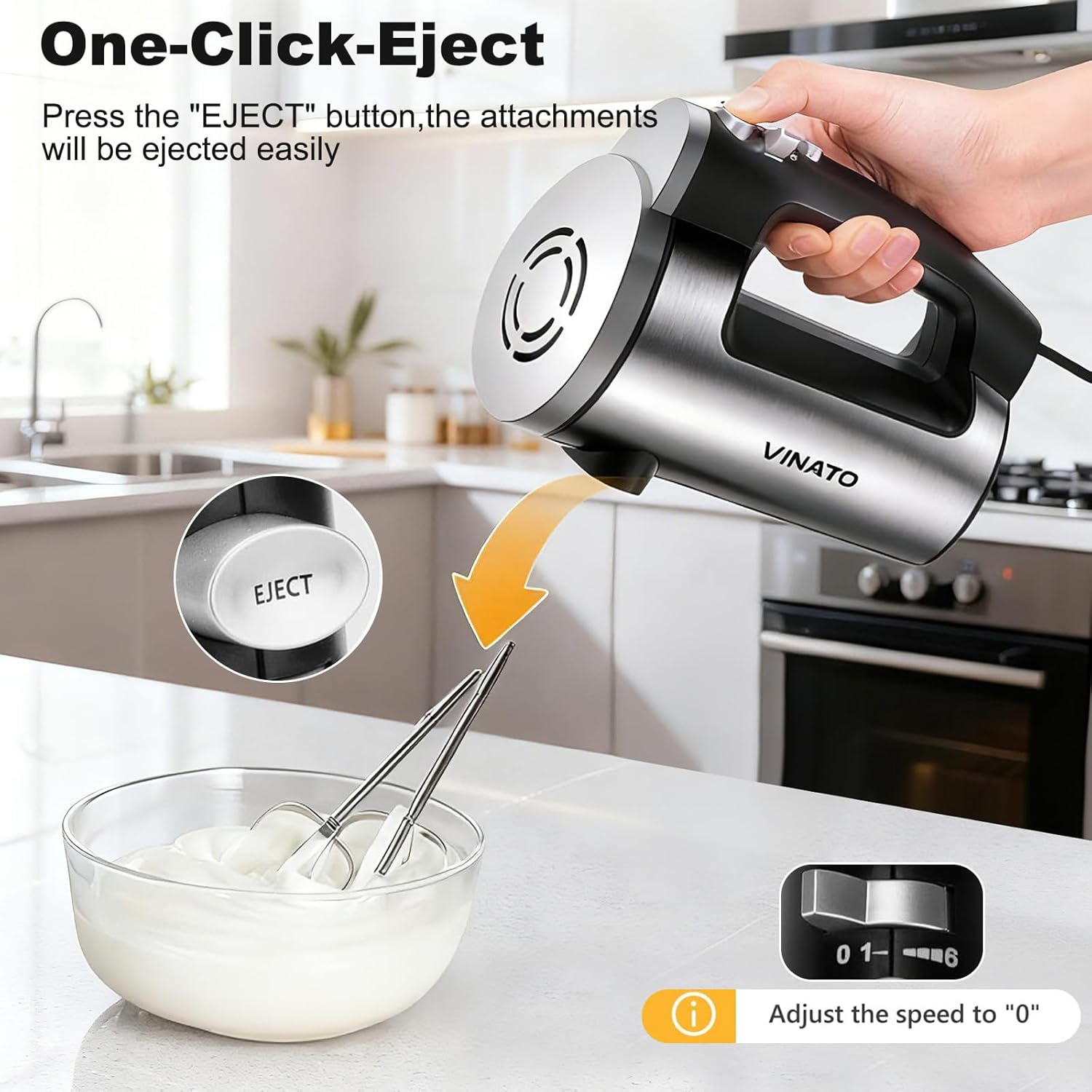 VINATO Electric Mixer, 300W Hand Mixer with 6 Speed, 2 Whisks and 2 Stainless Steel Kneader Hooks for Dough, Eggs, Cakes, Cream image number 4