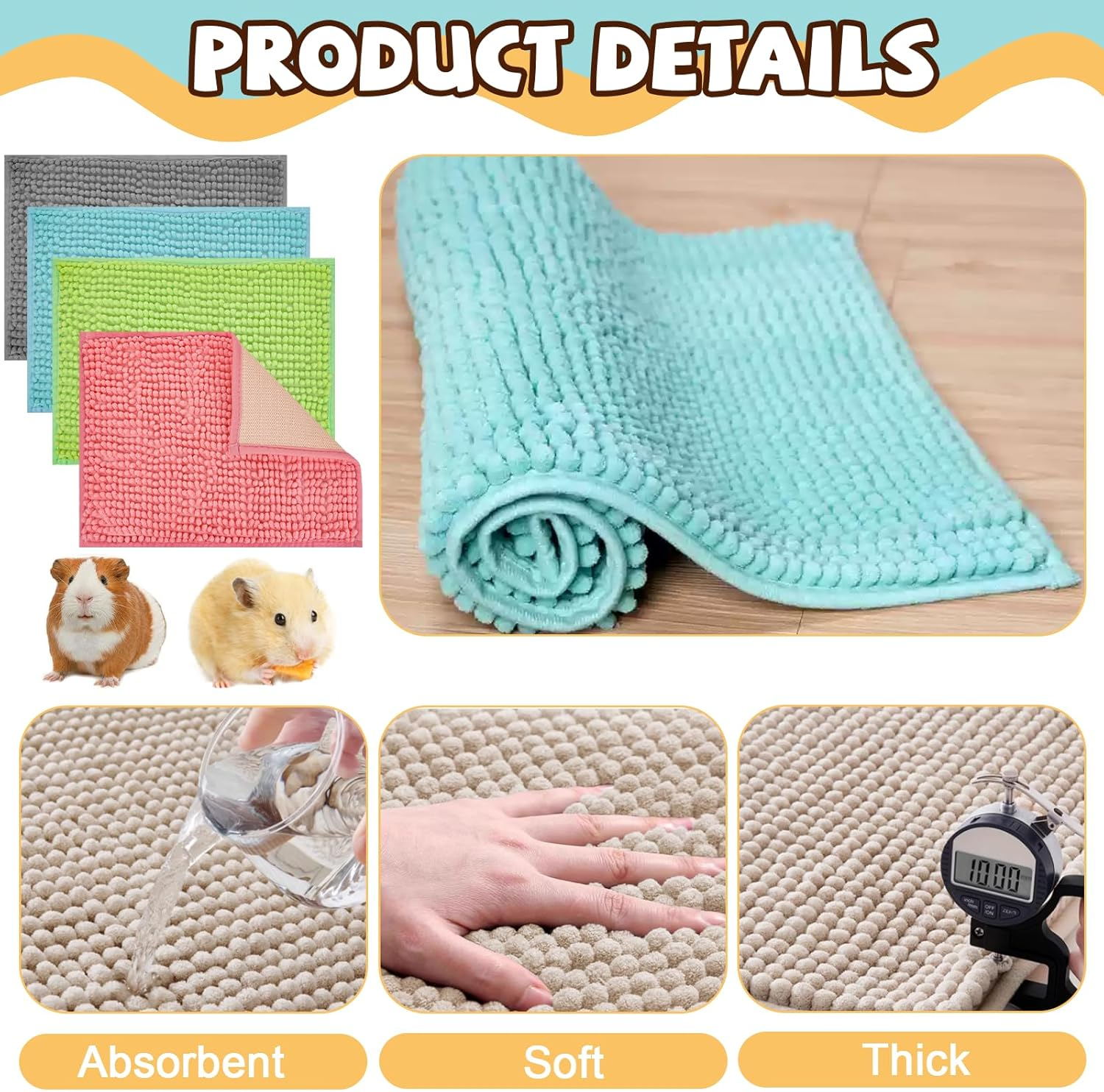 Agolctry 8 Pcs Guinea Pig Liner Washable Rabbit Cage Liner 16X12 Inch Guinea Pig Fleece Mats Reusable Bedding Pee Pads for Small Animals, Bunny (Gray, Green, Pink, Blue)