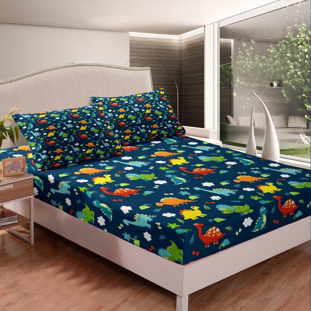 Dinosaur Fitted Sheet Queen Size Kids Bedding Set Cartoon Dinosaur Fitted Sheet for Boys Children Colorful Bedroom Decor Ancient Jungle Animals Bed Cover Tropical Hawaiian Palm Leaf Bed Set Blue image number 5
