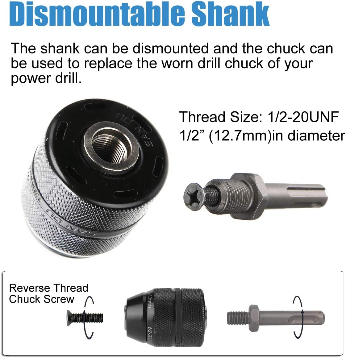 Hymnorq 1/2-Inch Keyless Drill Chuck with SDS plus Shank Adapter &ndash; 1.5-13Mm (1/16" - 1/2") Capacity, 1/2-20UNF Mount &ndash; Heavy Duty All-Metal Self-Tightening Converter for Rotary Hammers image number 2