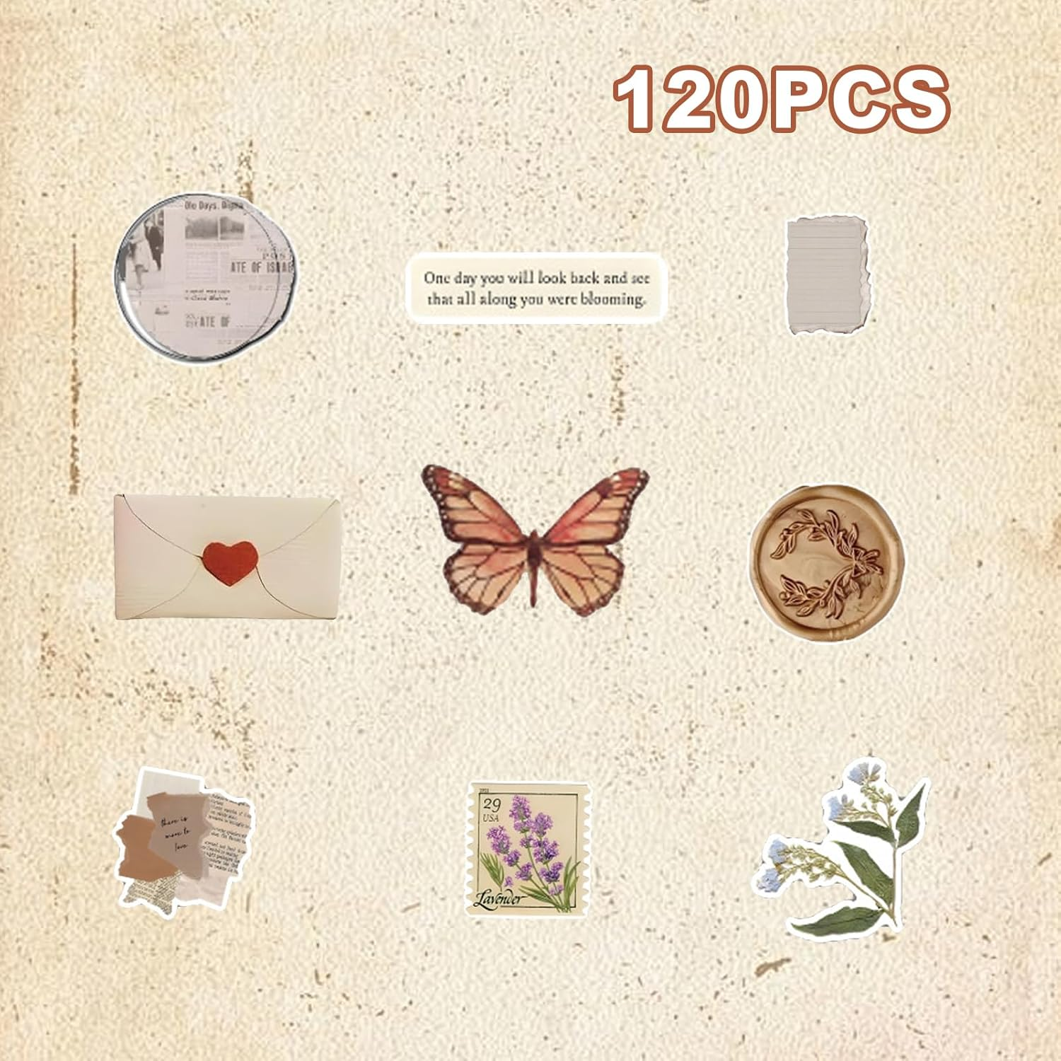 120PCS Scrapbook Stickers,Waterproof Scrapbook Aesthetic Sticker,Journal Sticker, Vintage Stickers for Planner & Junk Journal, Deco Papers,Scrapbooking Supplies for DIY Paper Crafts image number 1