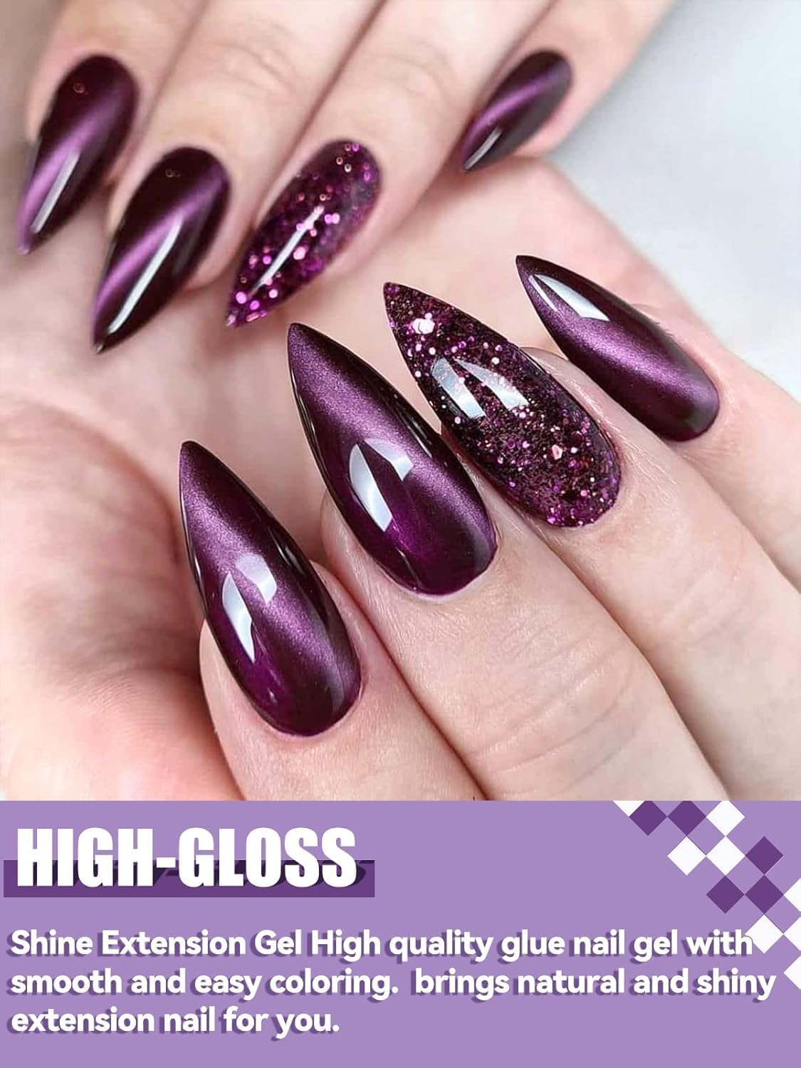 EBANKU 6 Color Poly Nails Extension Cat Eye Glitter Poly Gel Nail Kit - Purple, Silver, DIY Salon at Home - Nudeclear Kit image number 6