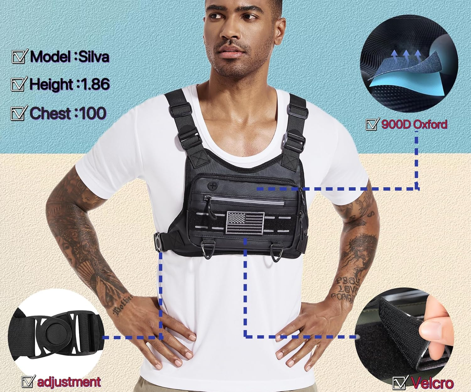 Chest Bag for Men and Women Water Resistant Running Vest Tactical Chest Bag Pack for Sports Outdoor, Black, One Size image number 6