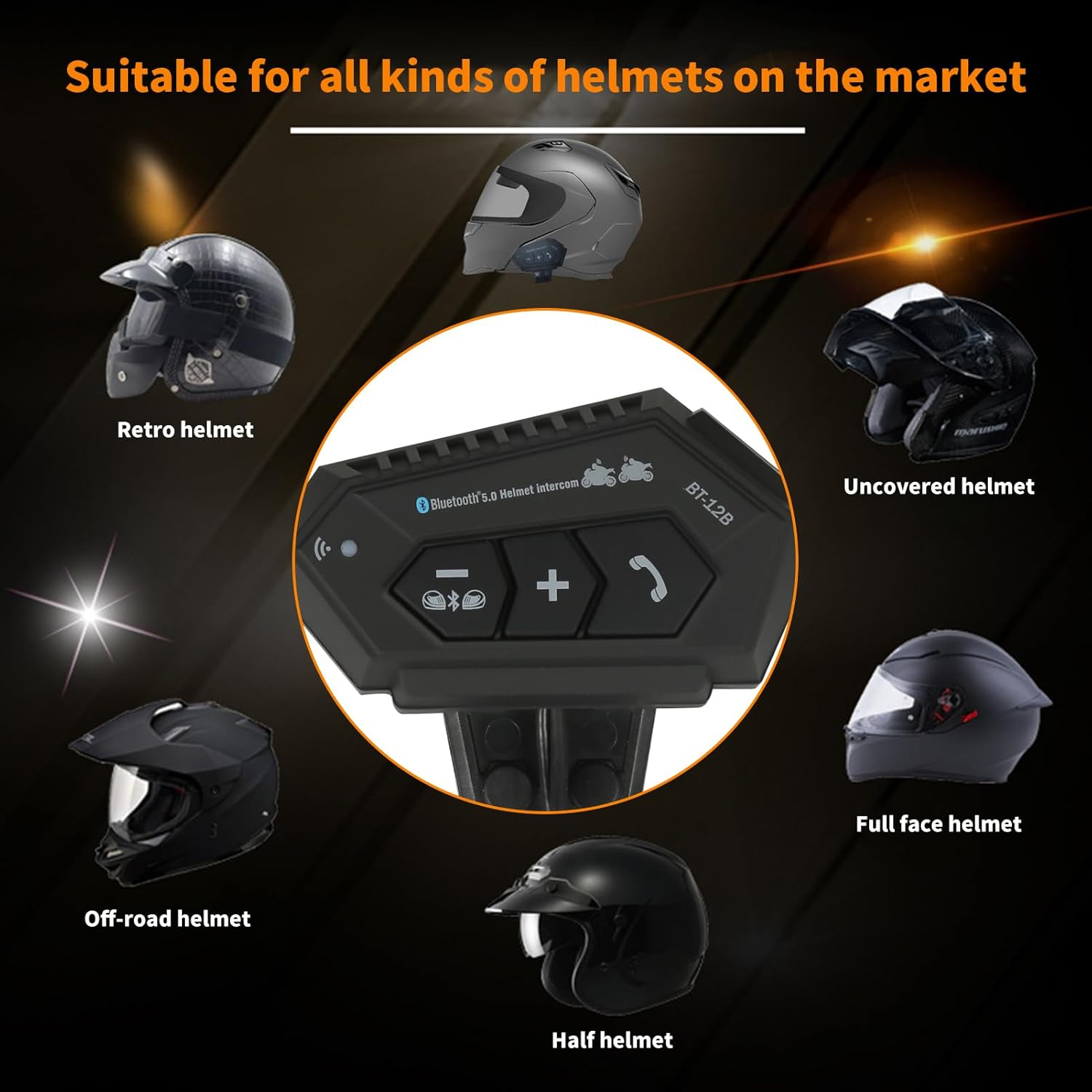 VOBOR Motorcycle Helmet Headset, BT12B 5.0 Helmet Headphones Bluetooth, 150 M Wireless Hands-Free Phone Mic Motorcycle Intercom Headset He-Lm, Hi-Fi Moped Accessories (2000 Mah) image number 3