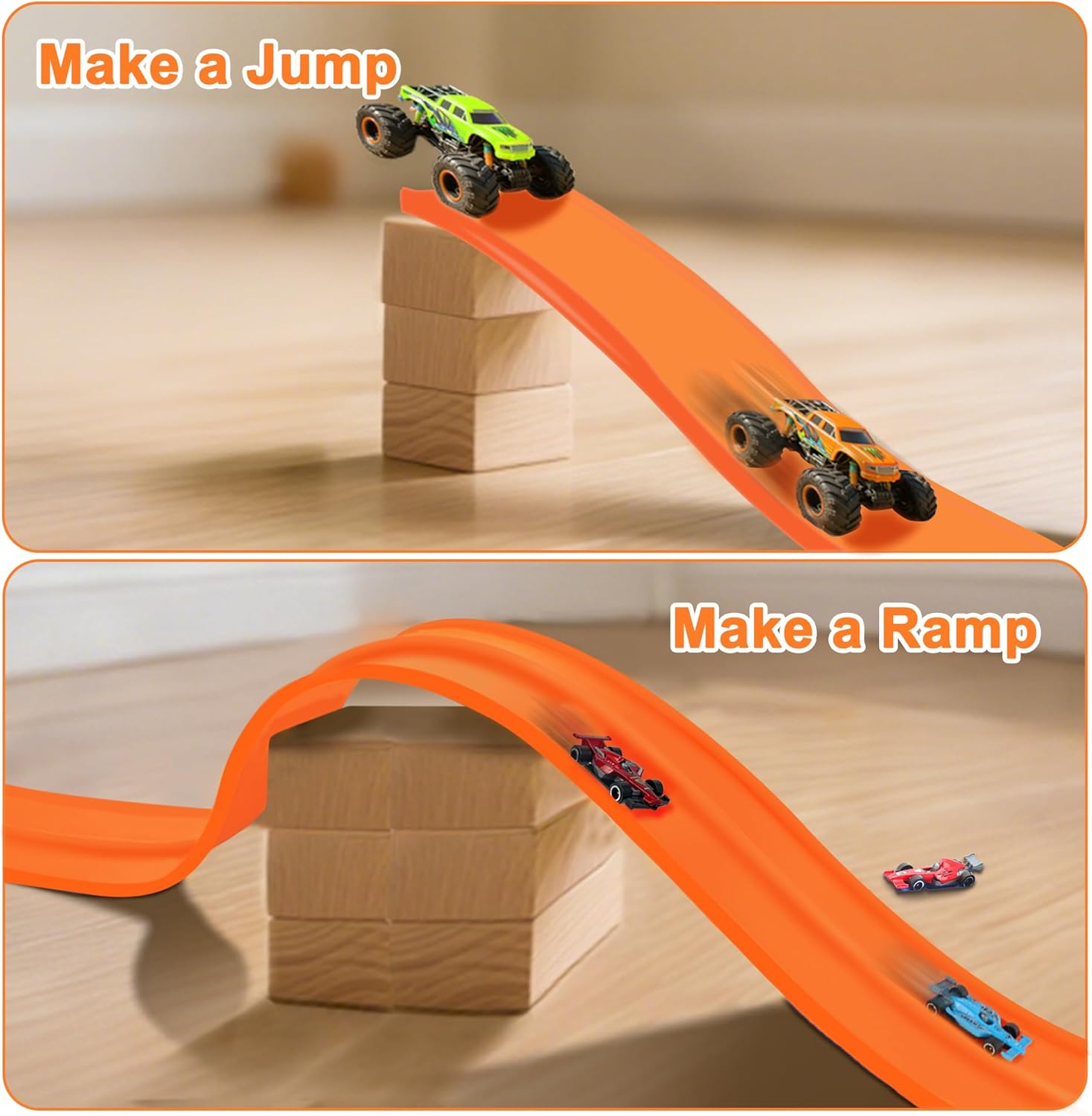 OMIPAWZ 15 Ft / 450 Cm Double Sided Flexible Race Track Set with 6 Toy Cars for Kids (Orange)