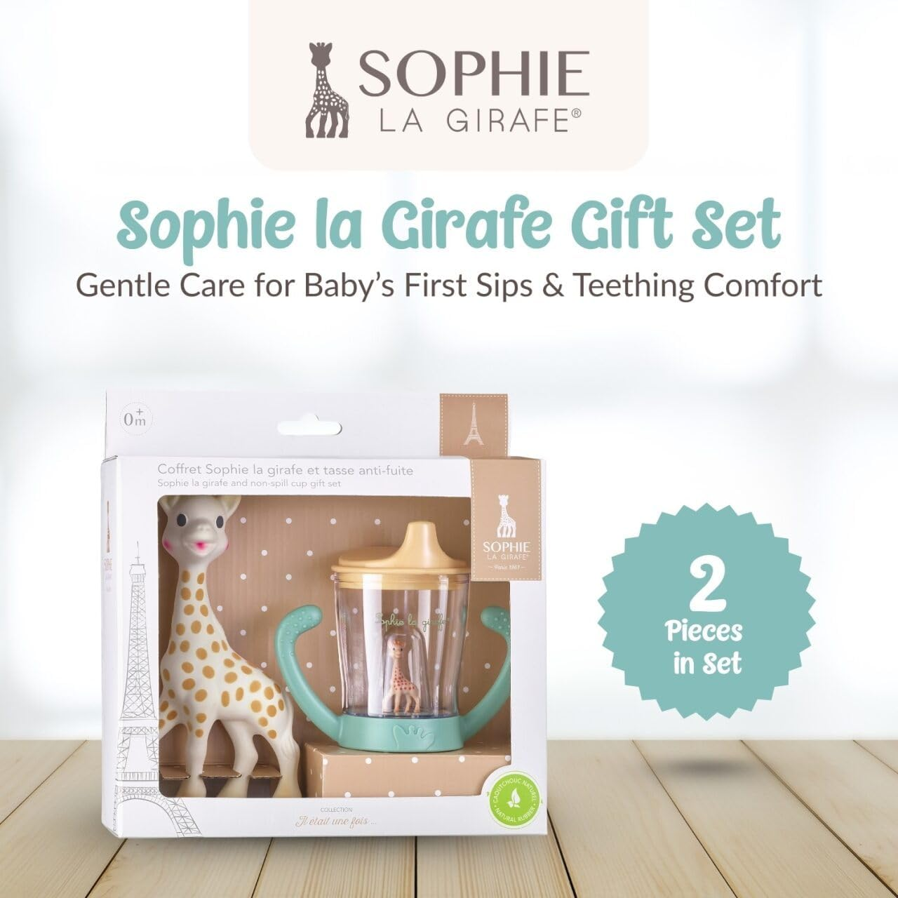 Sophie La Girafe Baby Teether and Non-Spill Cup with Lid, Ergonomic Spout Encourages Natural Sucking, Cup Made of ABS Plastic, BPA and Phthalates Free, Two Handles for Good Grip