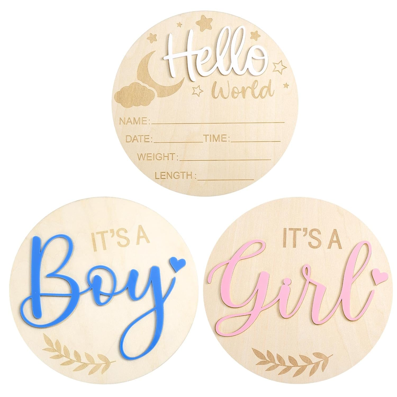 3Pcs Baby Announcement Sign, 5.83 Inch Gender Reveal Wooden Sign Acrylic Hello World Newborn Birth Baby Name Plaques It&rsquo;S a Boy It&rsquo;S a Girl Baby Arrival Sign for Hospital Baby Show image number 5