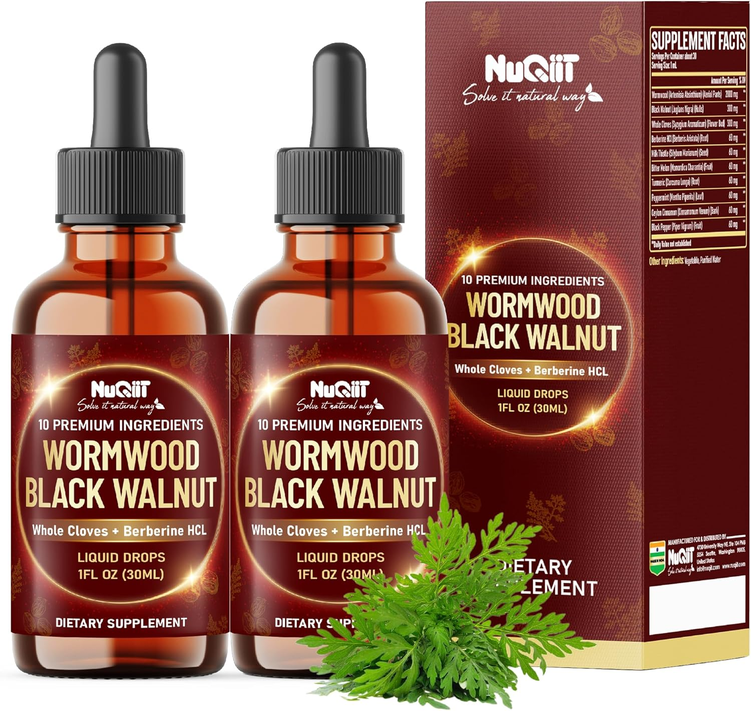 10In1 Wormwood Liquid Drops with Wormwood, Black Walnut, Whole Cloves, Berberine, Milk Thistle, Turmeric, Ginger, Milk Thistle and More - 2 Pack (60Ml Total) for 60Days.
