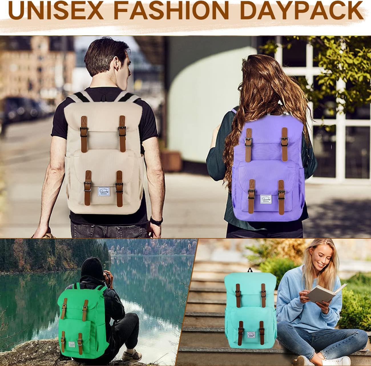 Backpack for Men Women,Vaschy Vintage Casual School Daypack Lightweight Camping Rucksack Travel Backpack Bookbag With15.6In Laptop Sleeve Light Camel image number 5