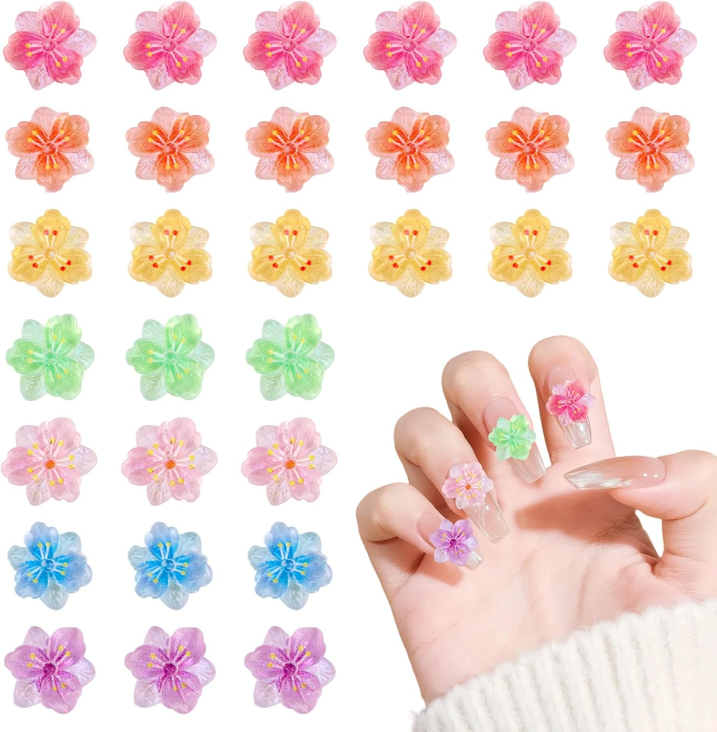 Lasuroa 60Pcs 3D Ice Translucent Hibiscus Flower Nail Charms, Cute Plastic Floral Nail Stickers Mixed Colorful Rhinestones Jewelry for Women Manicure Decorations image number 2