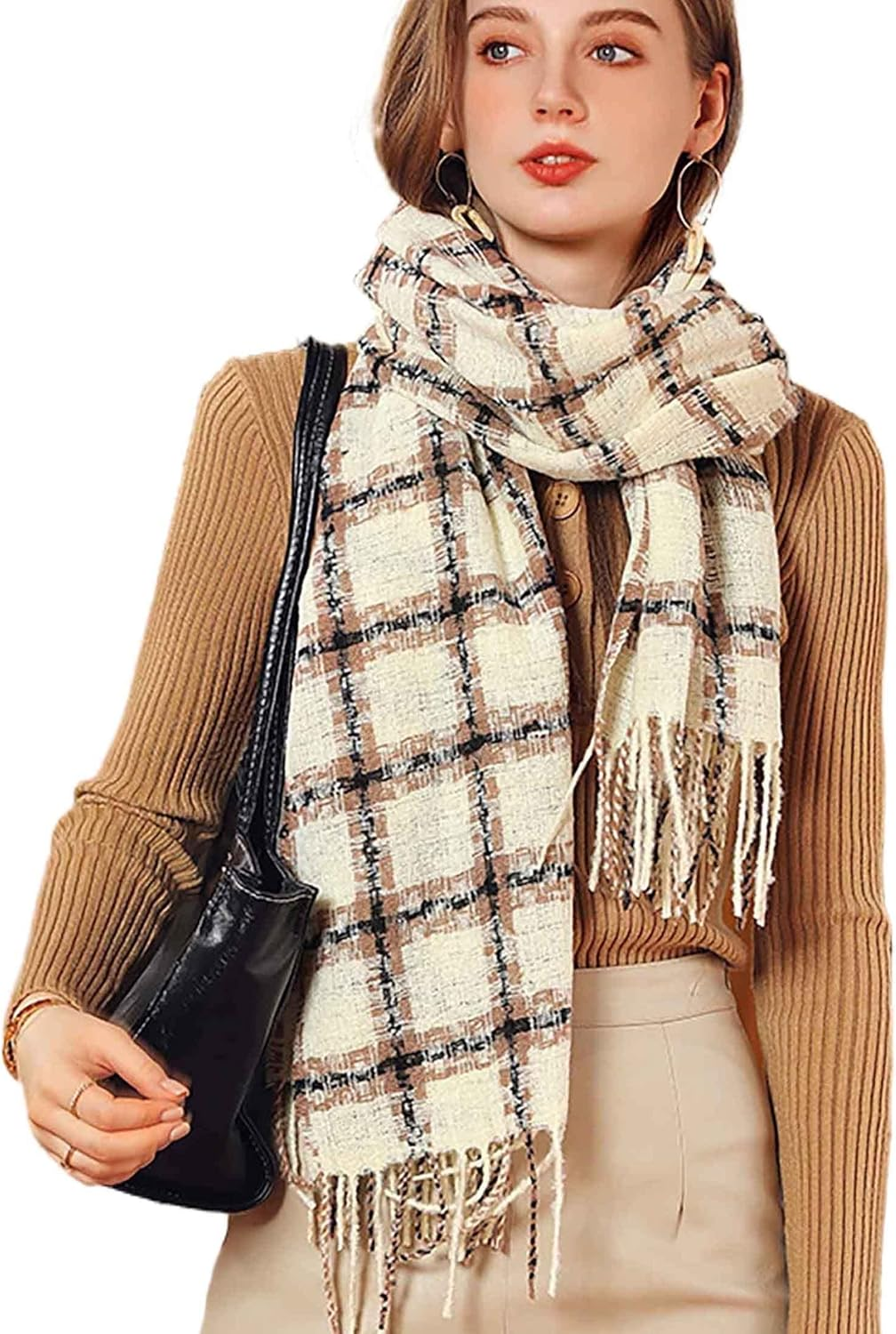 Campsis Winter Scarf Women'S Warm Long Shawl Big Grid Plaid Check Blanket Scarves Fringe Cashmere Feel Pashmina Cozy Shawl Wraps Cold Weather Accessories for Women and Girls, Beige, 7 image number 1