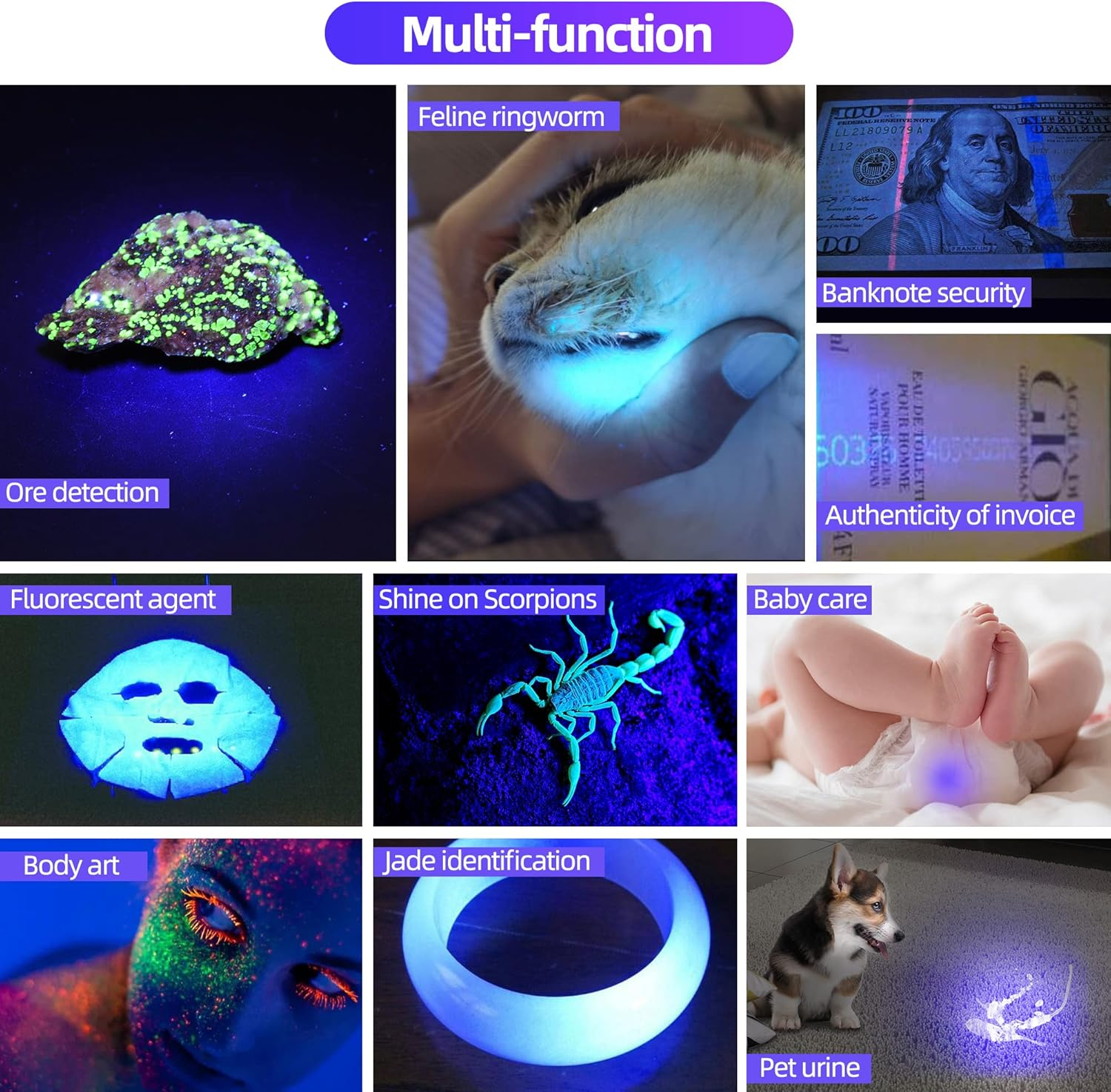 DARKDAWN UV Torches 365 Nm and 395 Nm Light USB Rechargeable Ultraviolet LED Black Light Woodsche Lamp, Mini Detector for Pet Urine, Stains, Uranium Glass, Amber, Resin Hardening, Pack of 2 image number 3