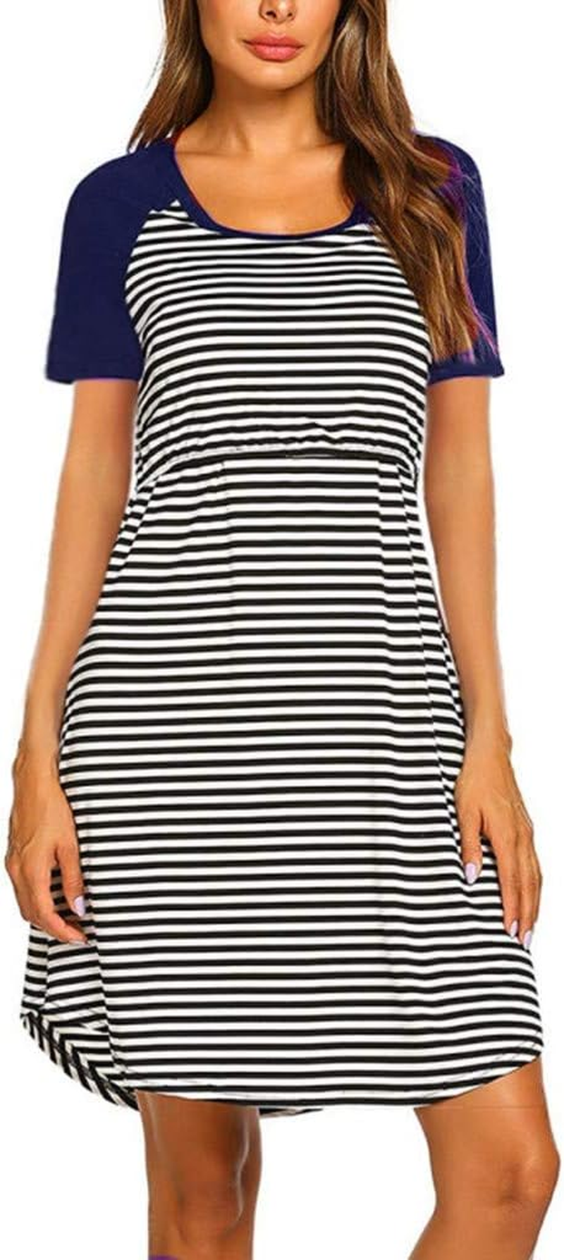 Summer Women Maternity Nursing Dress Short Sleeve Striped Loose Breastfeeding Sleepwear Midi Dress image number 5